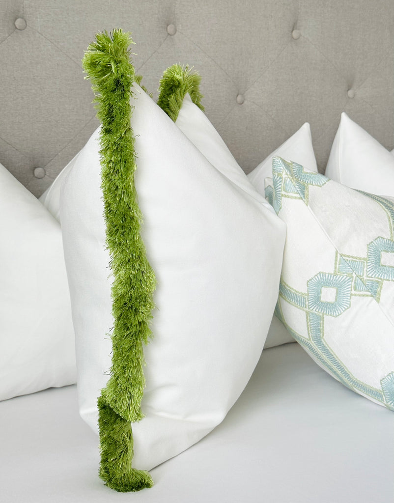 Schumacher white cotton pillow apple green fringe CONCELLI DECOR