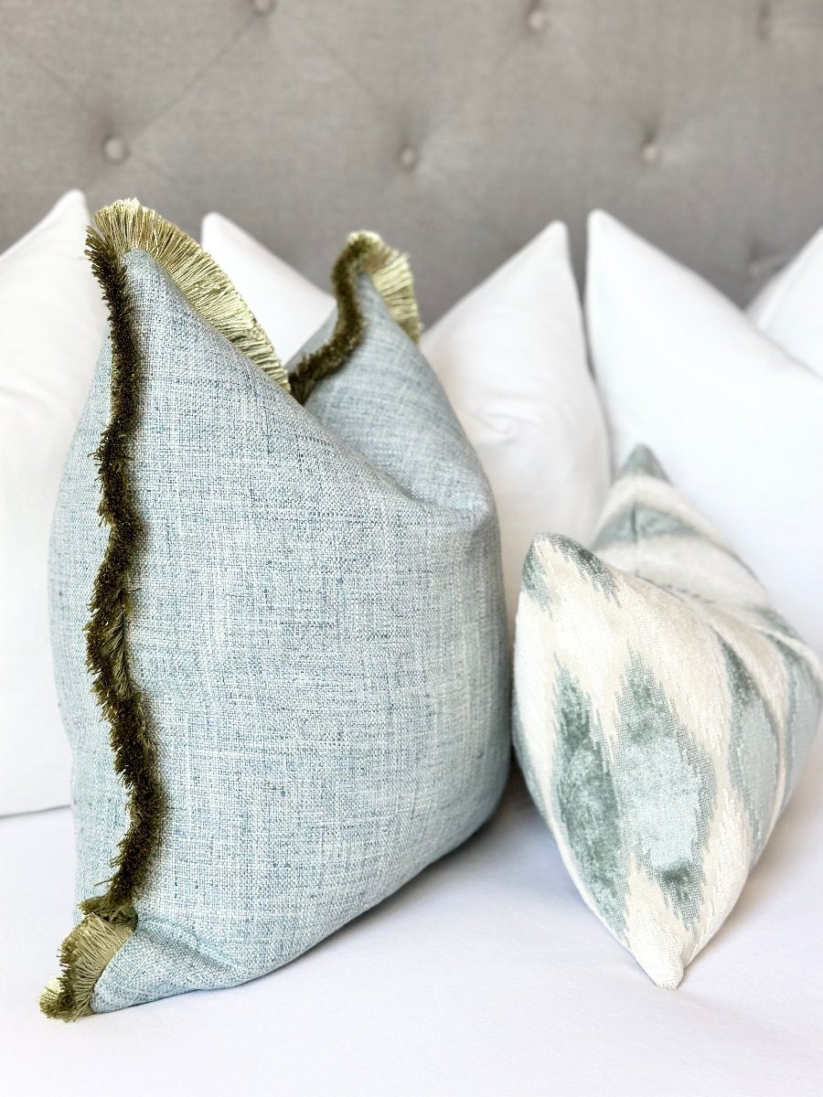 Blue linen throw pillow cover with olive green brushed fringe - custom-made designer pillow for modern decor , Luxurious blue linen pillow cover featuring olive green brushed fringe detail - made-to-order accent pillow.