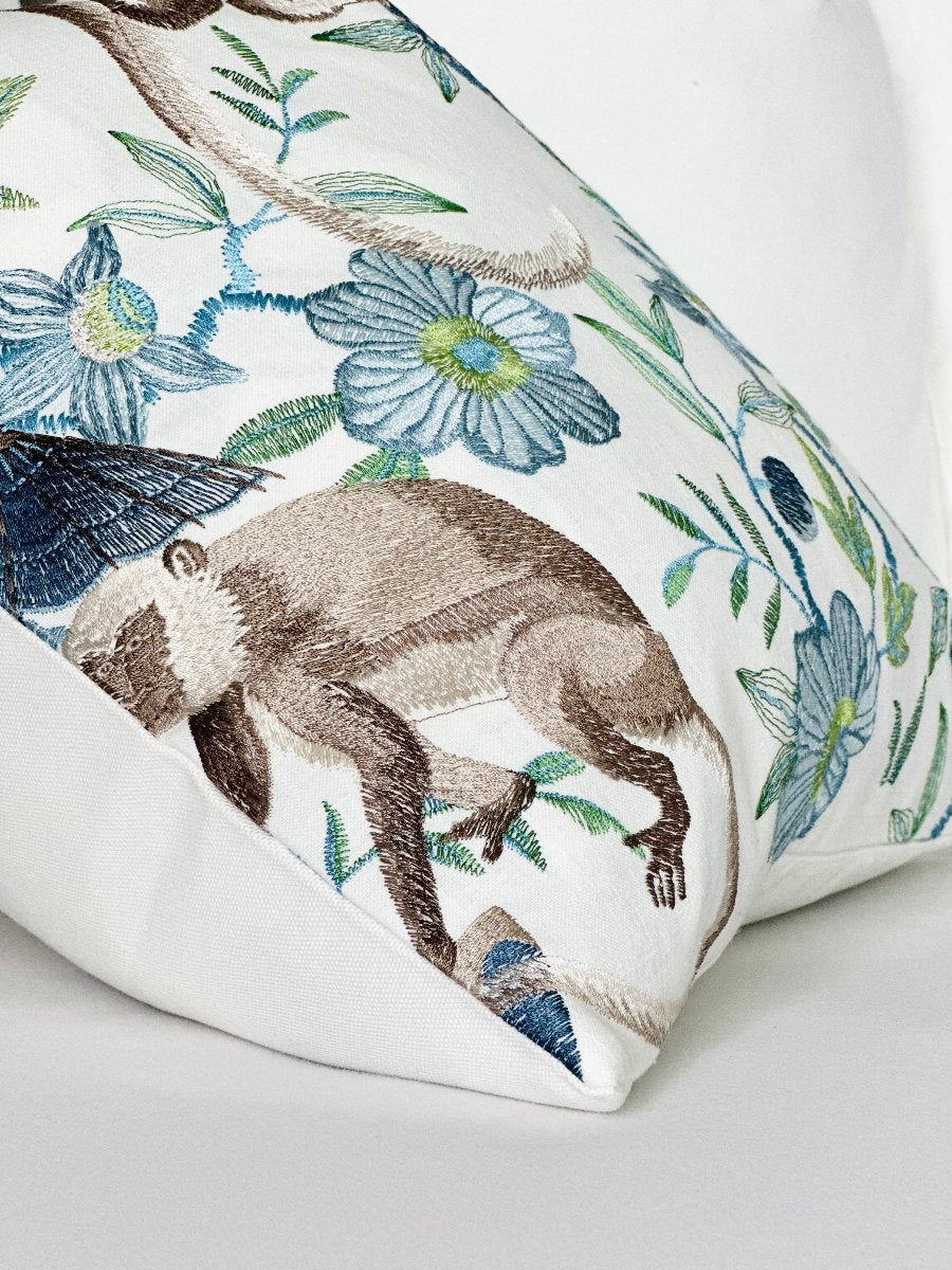 Embroidered monkey floral pillow