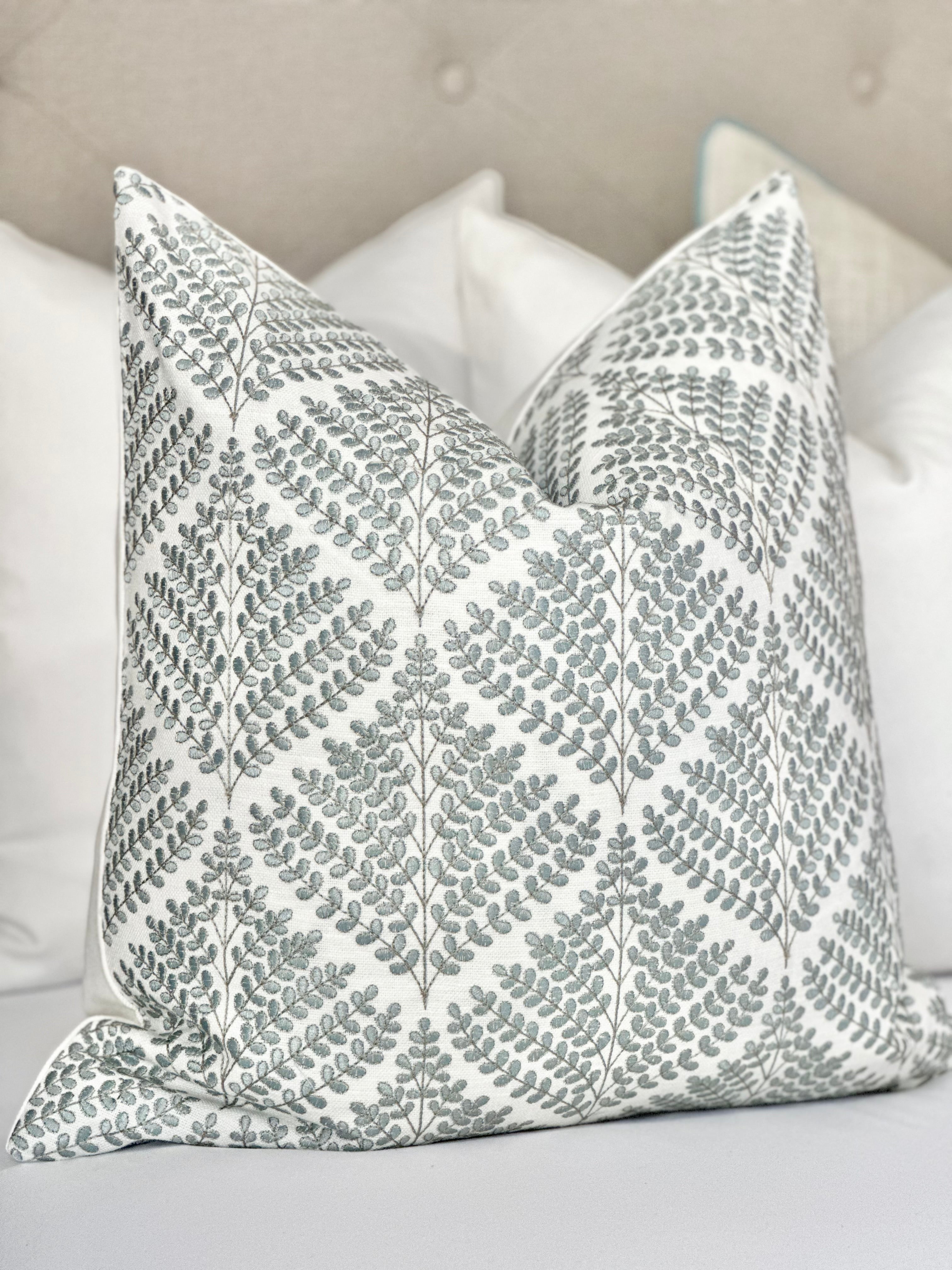 Embroidered mist blue floral pillow cover