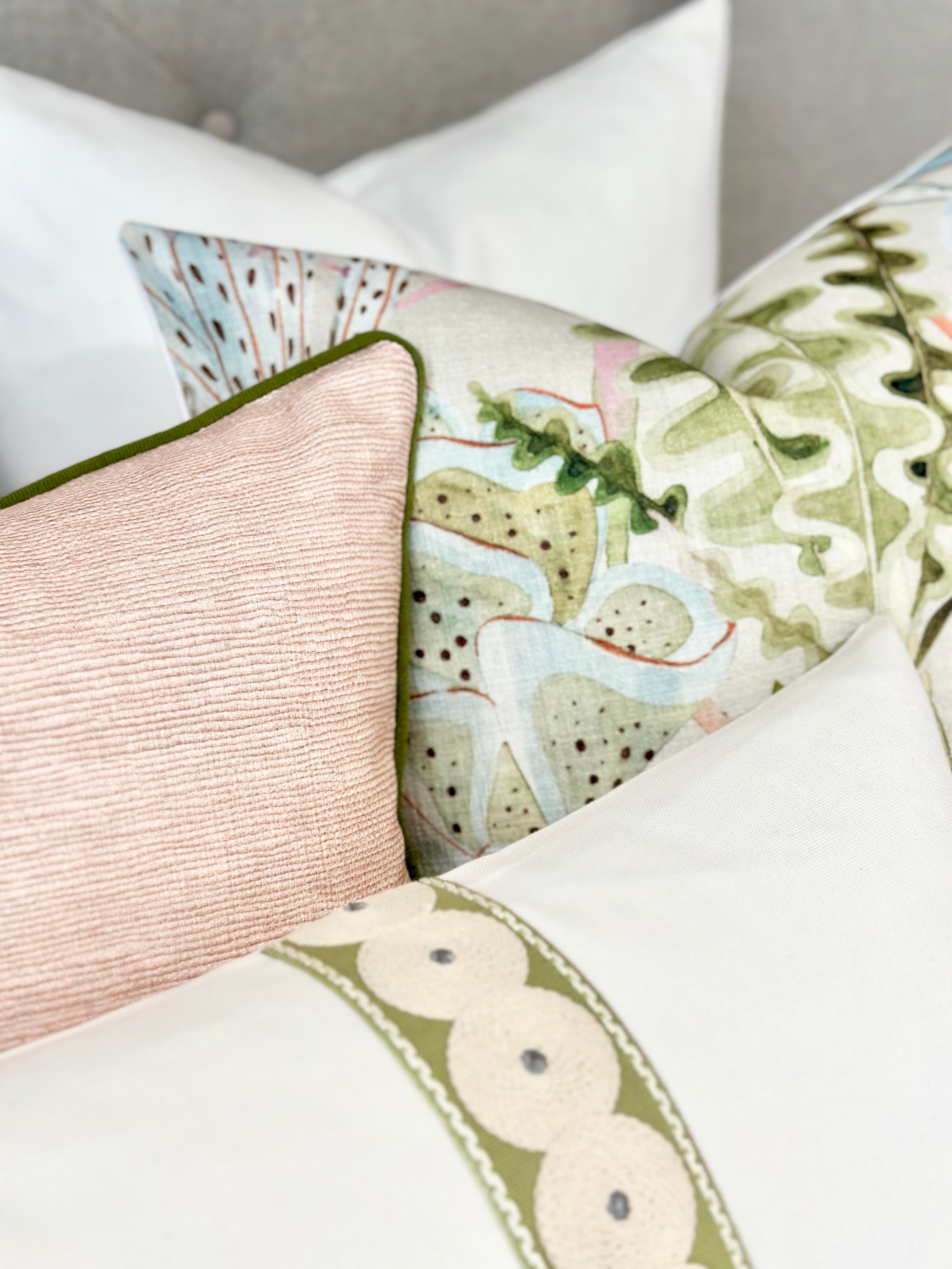 Blush Accent Pillow Cover With Green Trim Detail