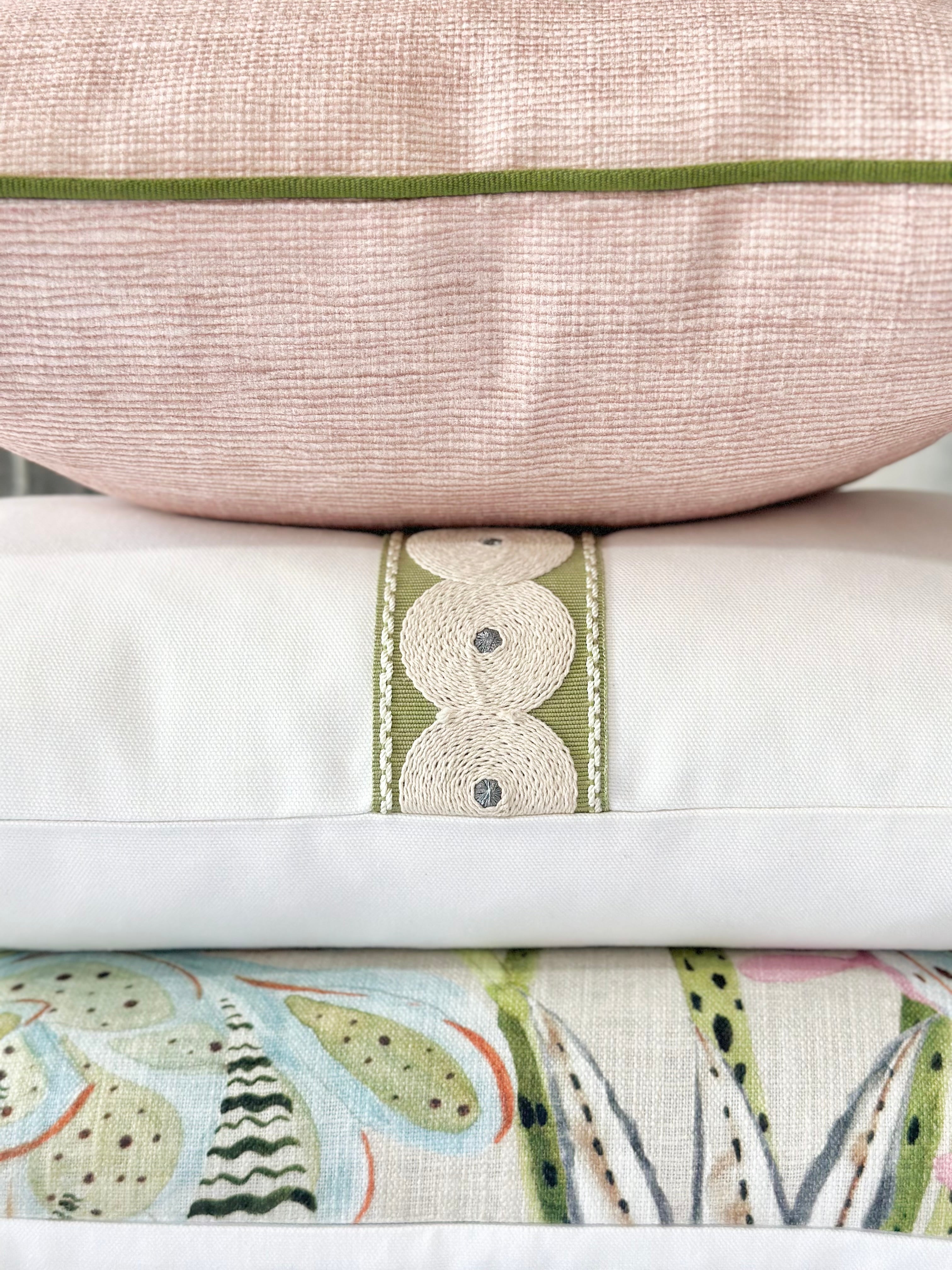 Blush Accent Pillow Cover With Green Trim Detail