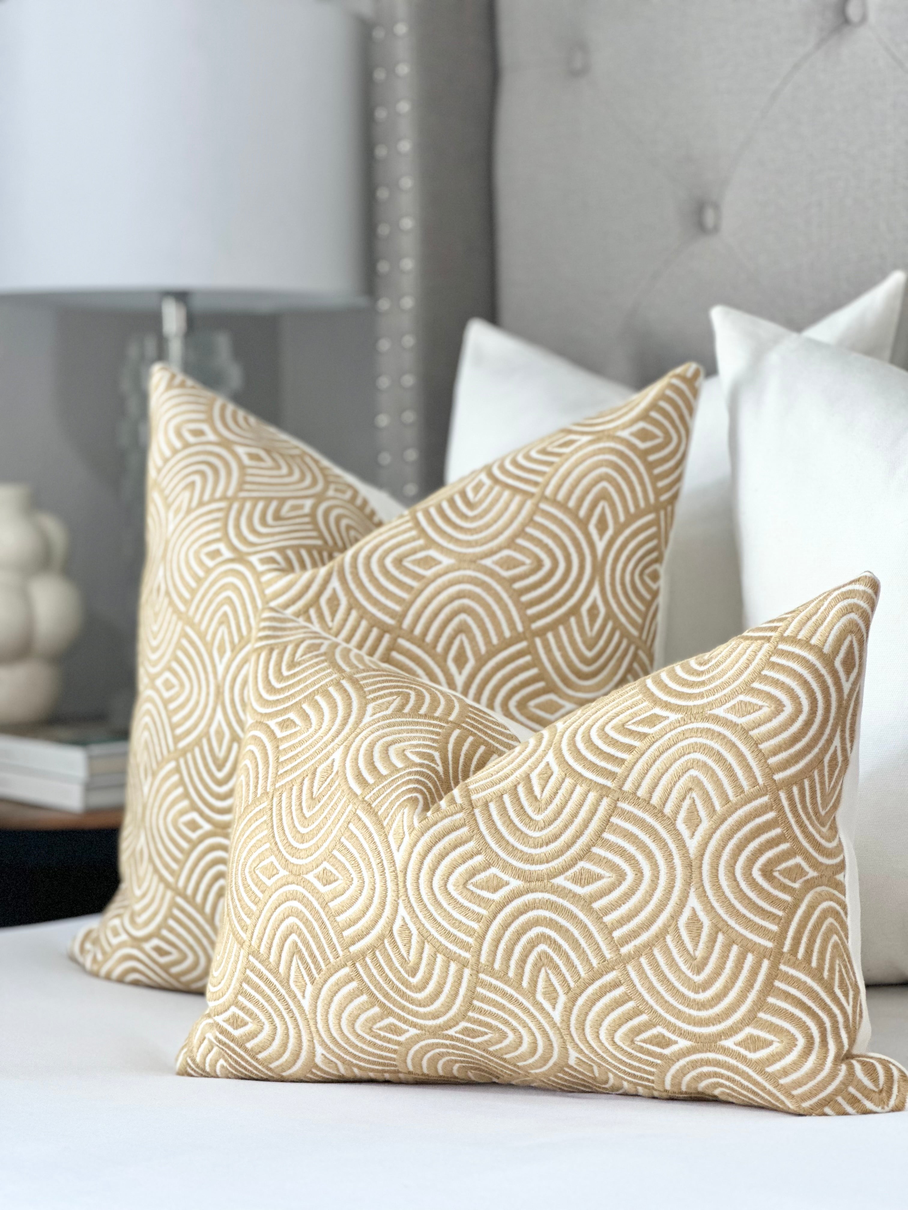 Geometric embroidered pillow cover in caramel