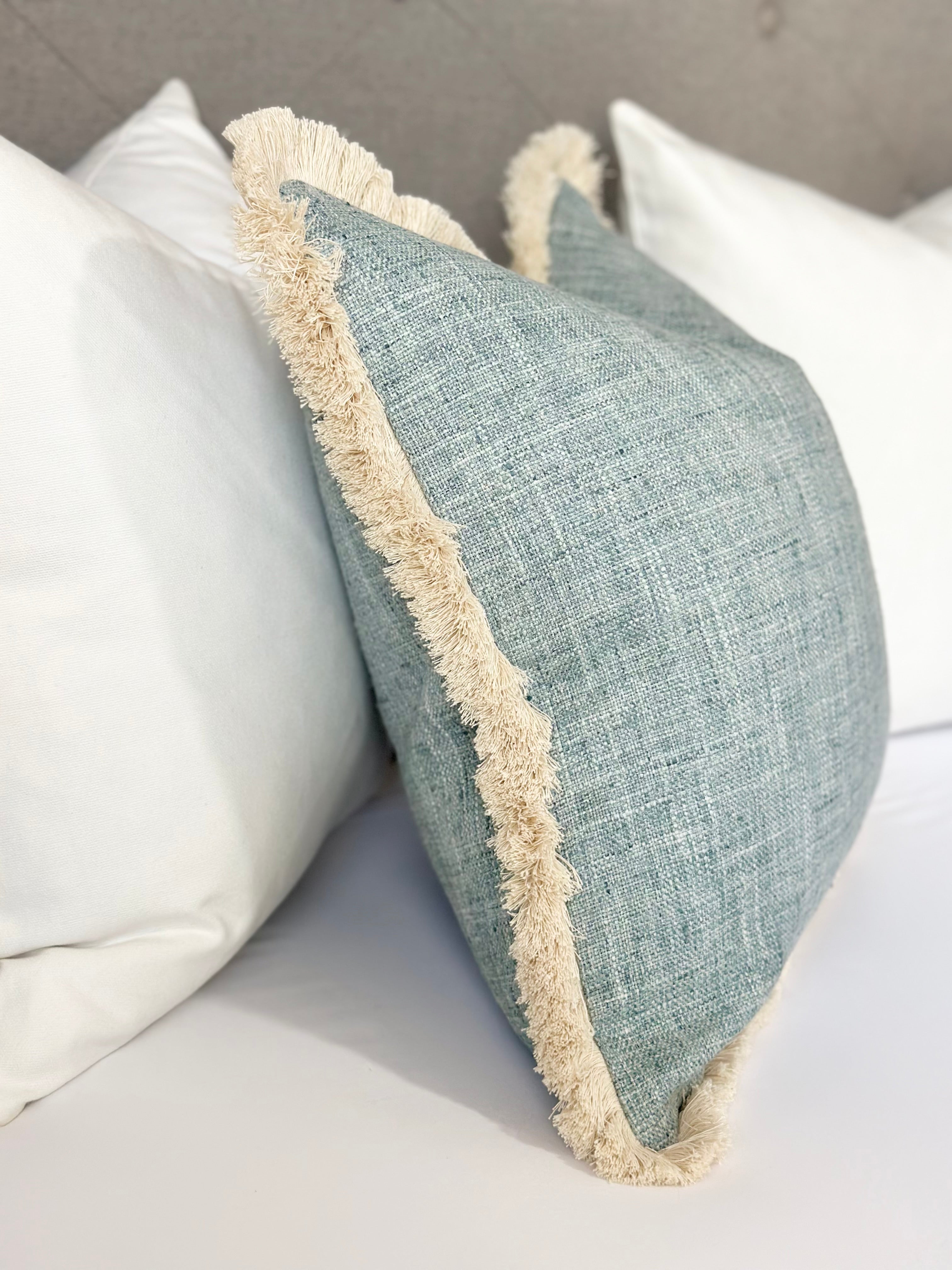 Mist blue pillow cover | beige brushed fringe detail