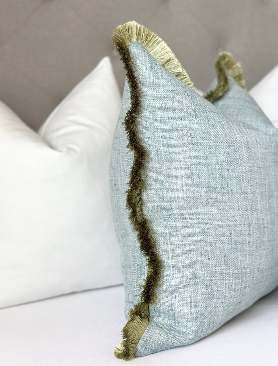 Luxurious blue linen pillow with olive green brushed fringe - custom throw pillow cover for upscale home styling