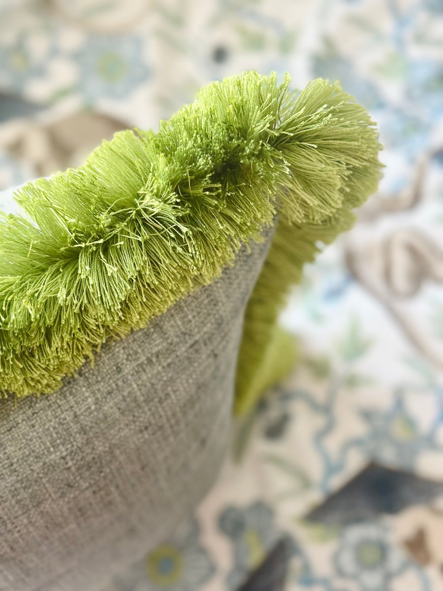 Mist blue pillow w/apple green brushed fringe