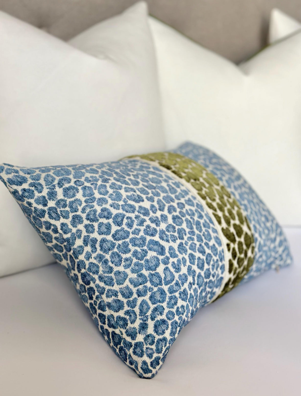 Blue cheetah pillow cover with Green cheetah detail