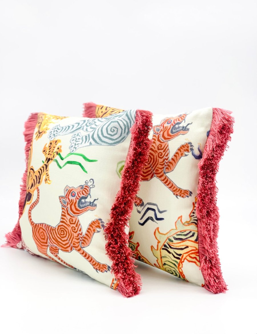 Himalaya Tibetan Tiger throw pillow cover with pink brushed fringe detail , designer pillows , Chinoiserie style home dec