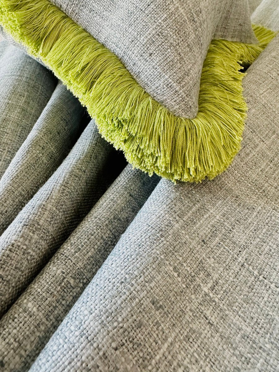 Mist blue pillow w/apple green brushed fringe