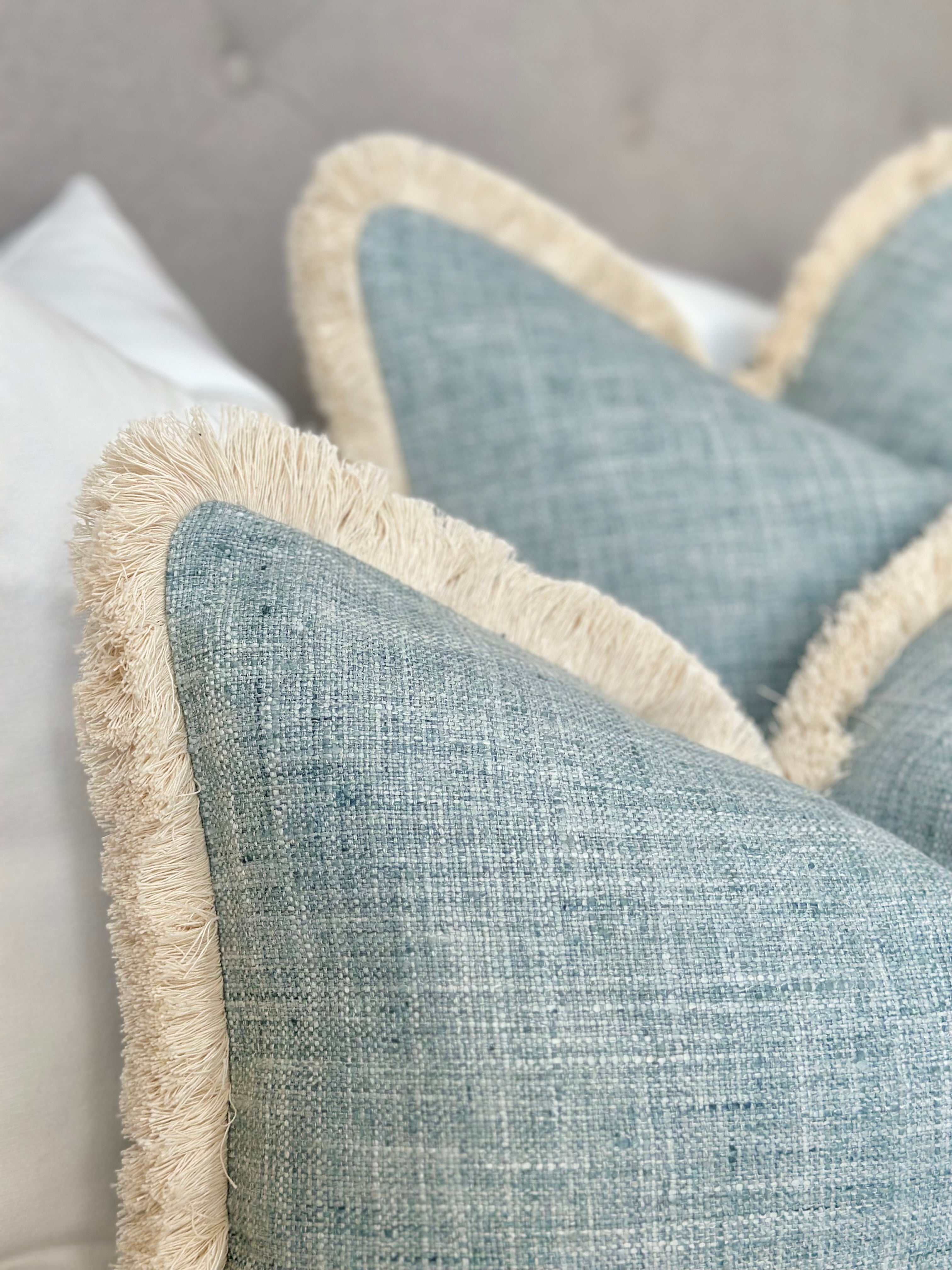 Mist blue pillow cover | beige brushed fringe detail