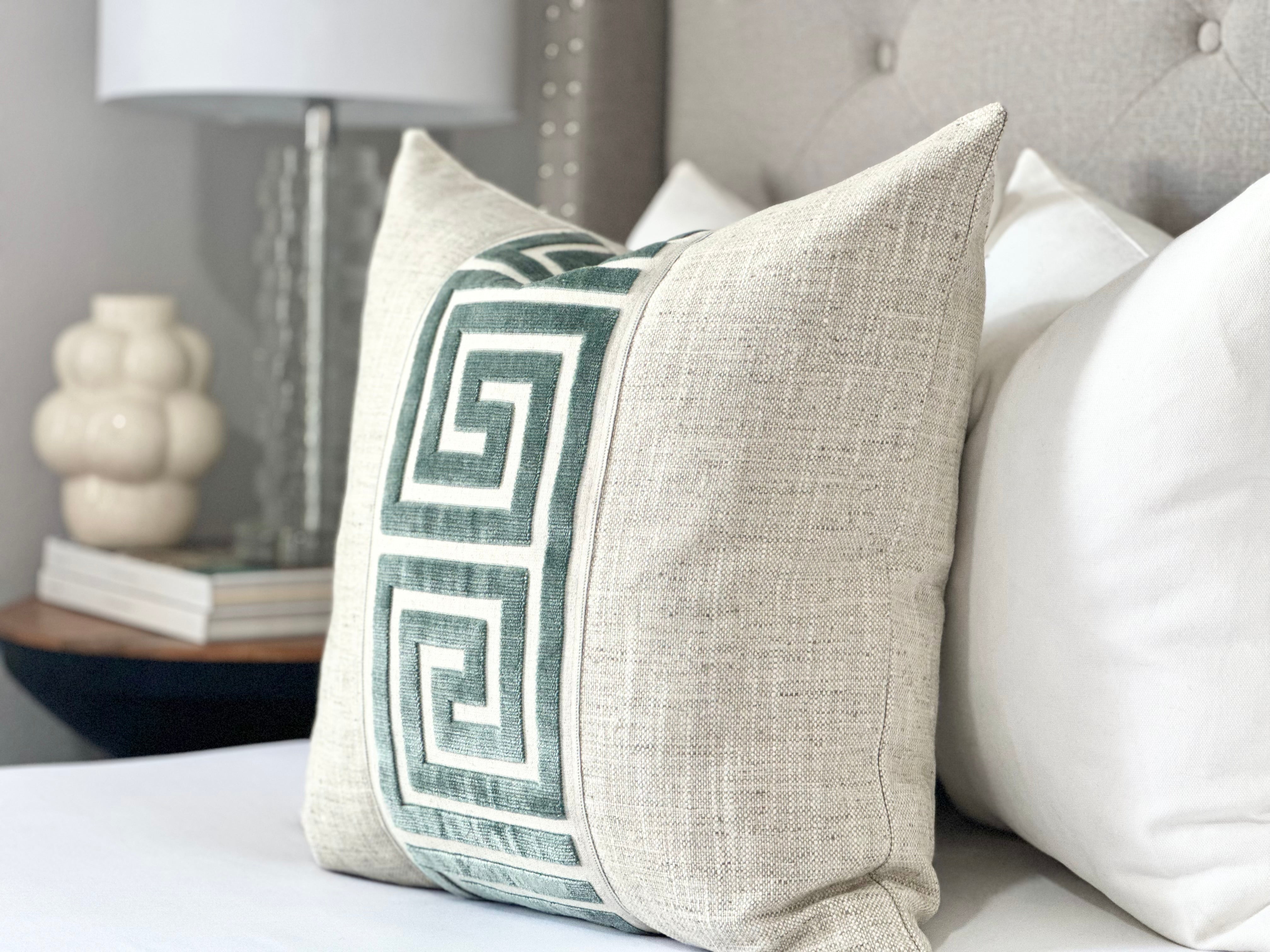 Neutral pillow cover Greek Key detail