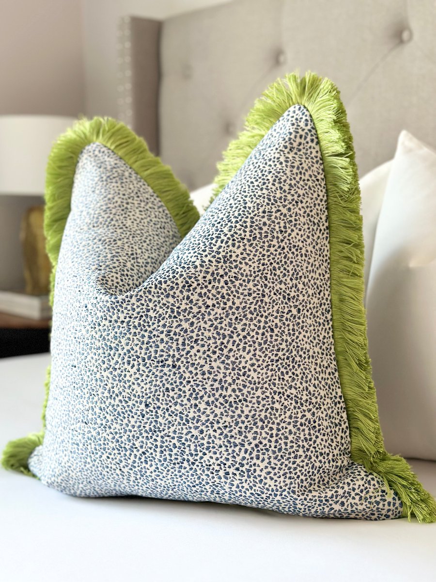 Elegant custom pillow cover in blue with green brushed fringe - designer fabric throw pillow for modern and chinoiserie style decor