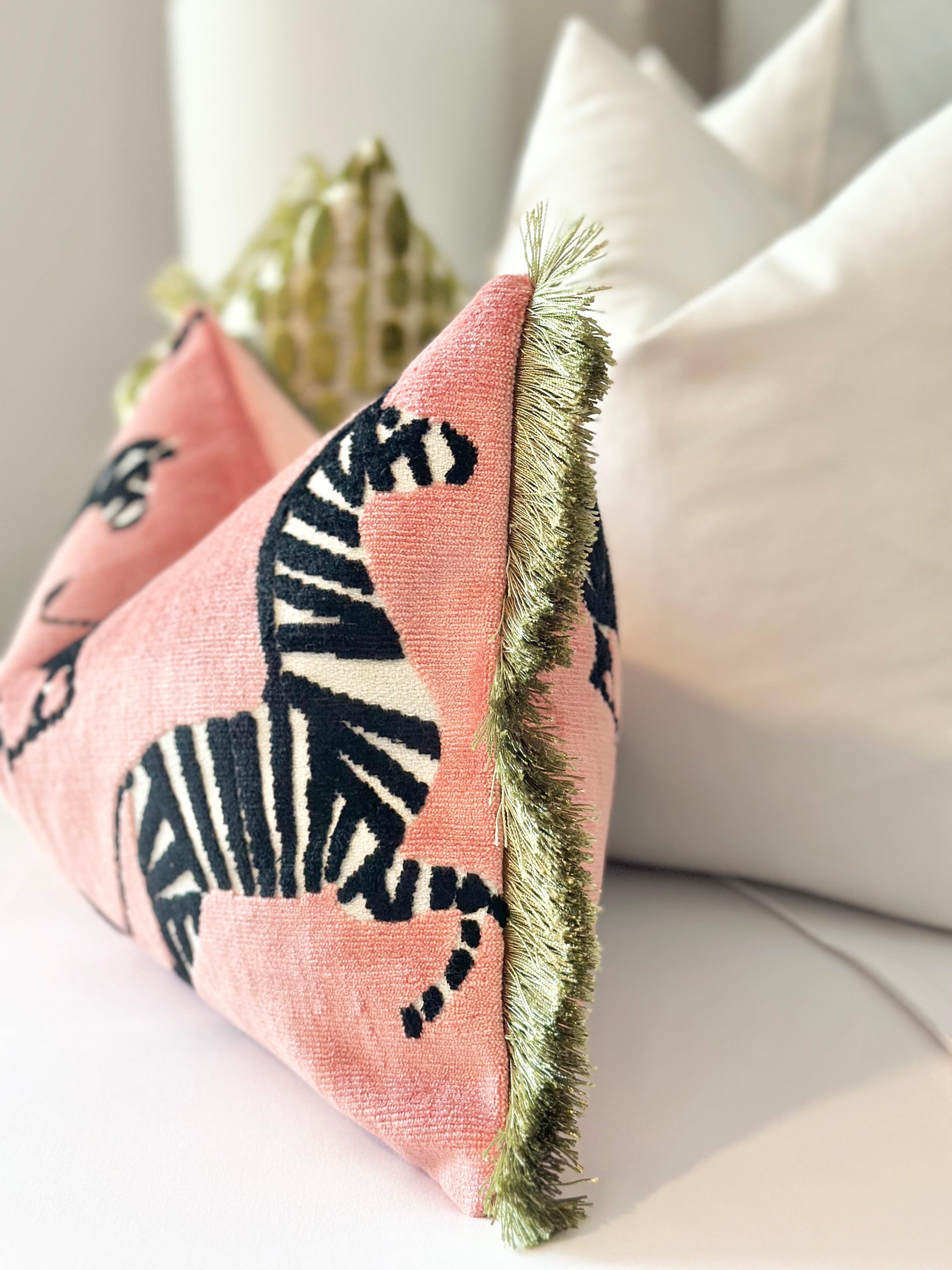 Elegant pink zebra print throw pillow cover in plush velvet fabric, a perfect statement piece for modern living spaces