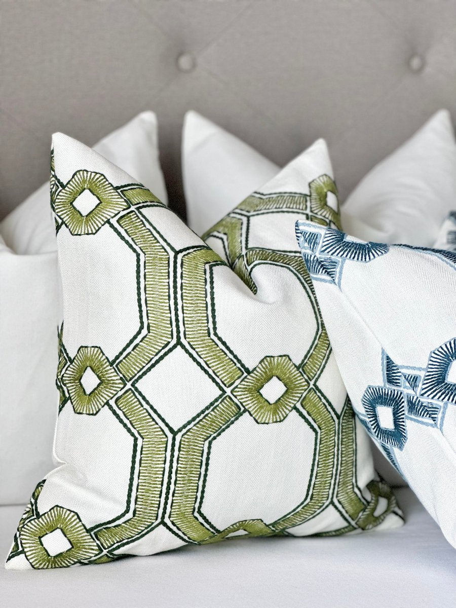 Embroidered throw pillow , green pillow cover , green decorative pillow cover , made to order throw pillow , designer fabric accent pillow , luxurious throw pillow , decorative throw pillow , custom made pillow , handcrafted throw pillow cover , high - quality accent pillow , home decor accent , statement piece , unique design , contemporary style pillow , green pillows, green accent pillow , modern throw pillow 