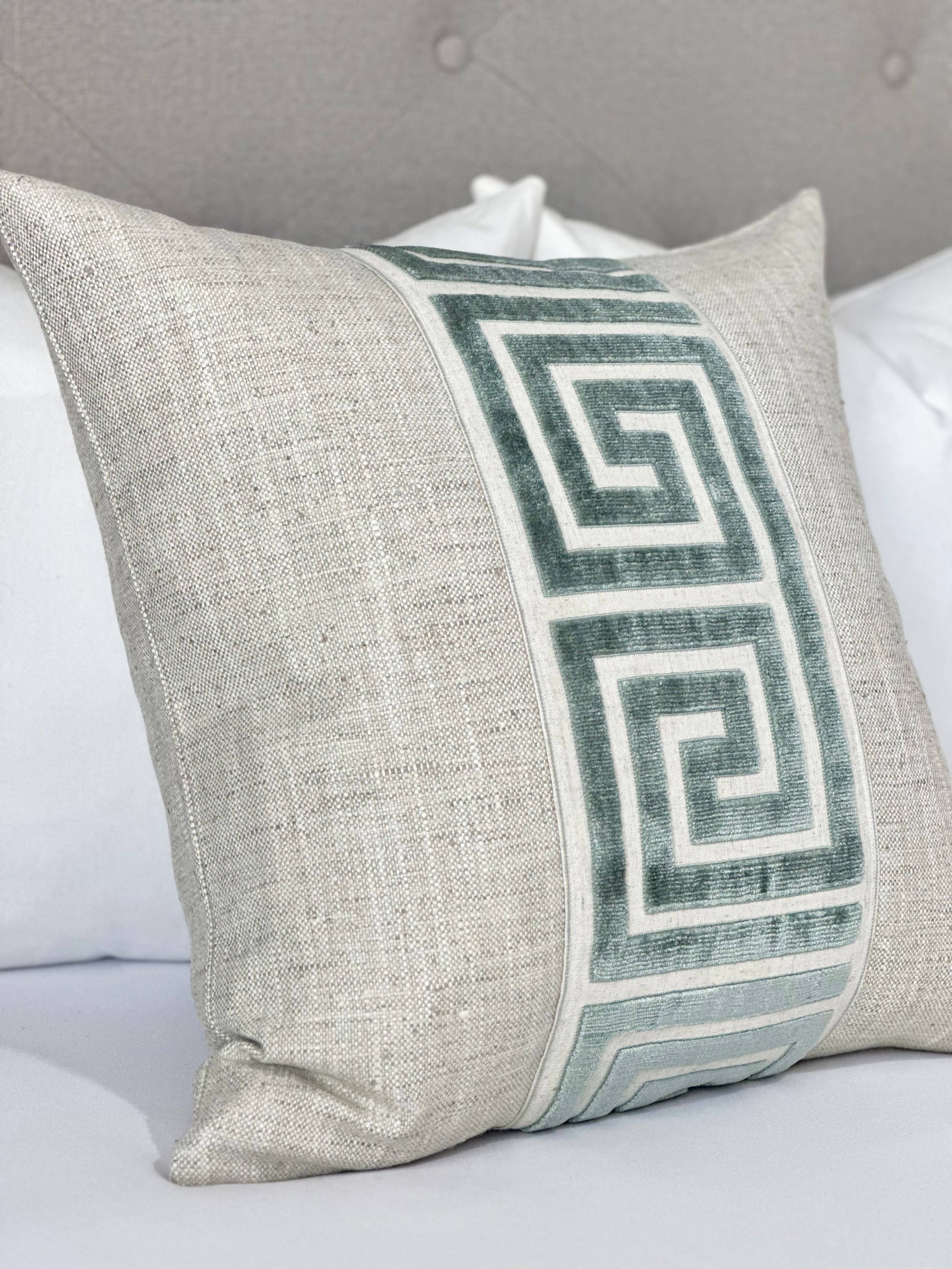 Neutral pillow cover Greek Key detail