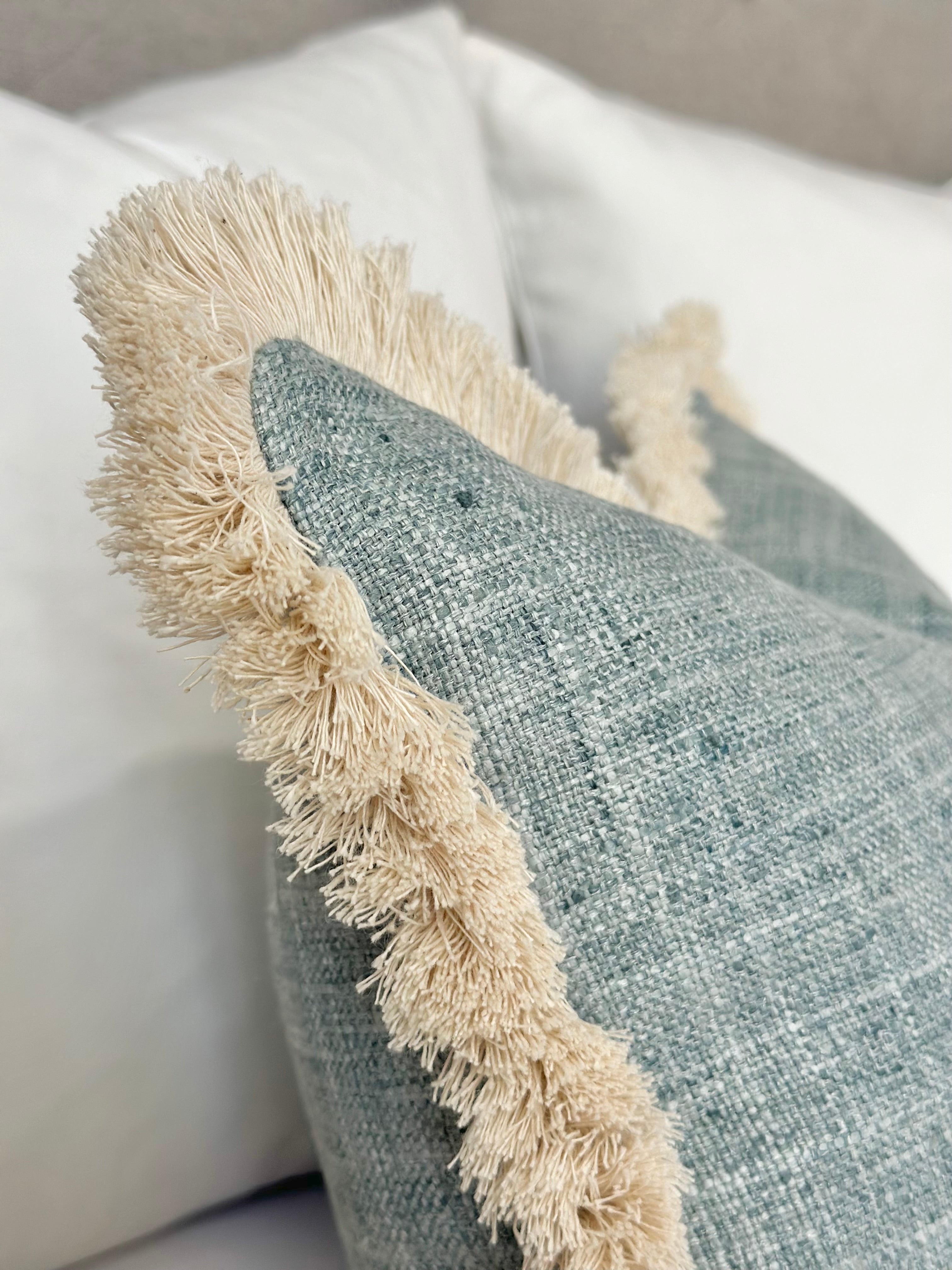 Mist blue pillow cover | beige brushed fringe detail