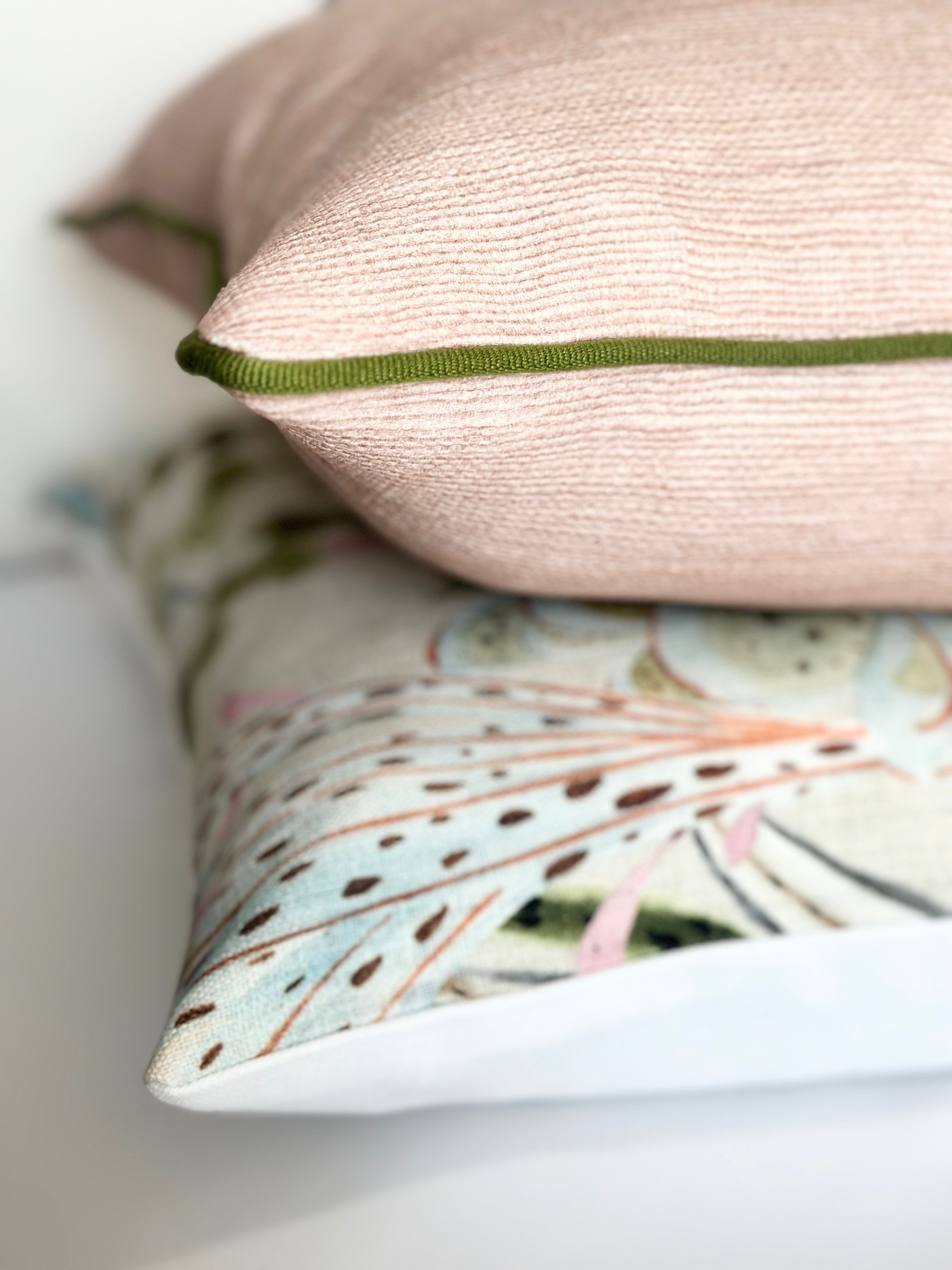 Blush Accent Pillow Cover With Green Trim Detail