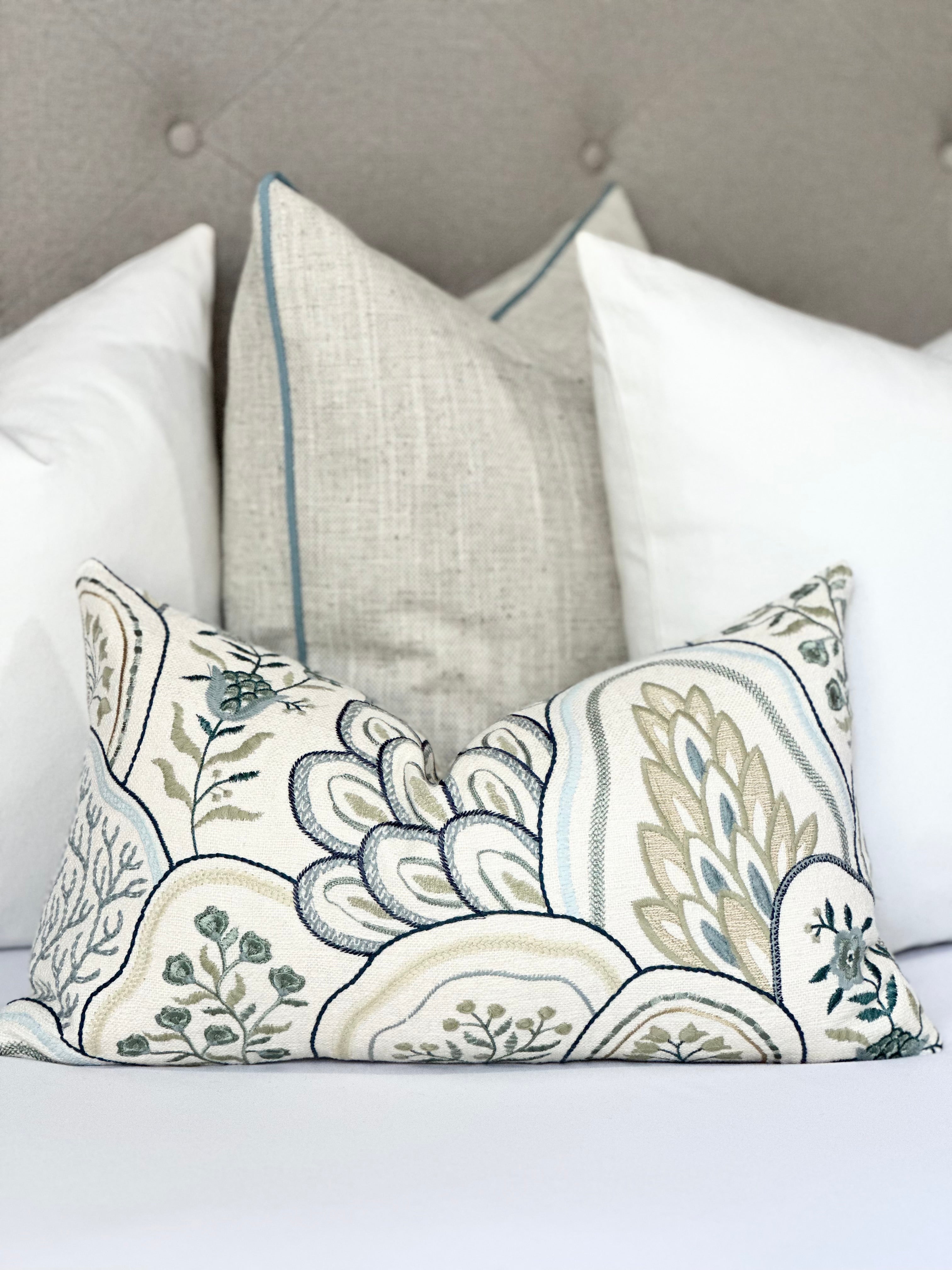 Floral embroidery accent pillow cover in seaglass