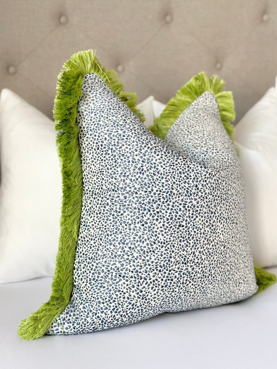 Custom blue throw pillow cover with green brushed fringe - made-to-order chinoiserie style decor, modern designer fabric