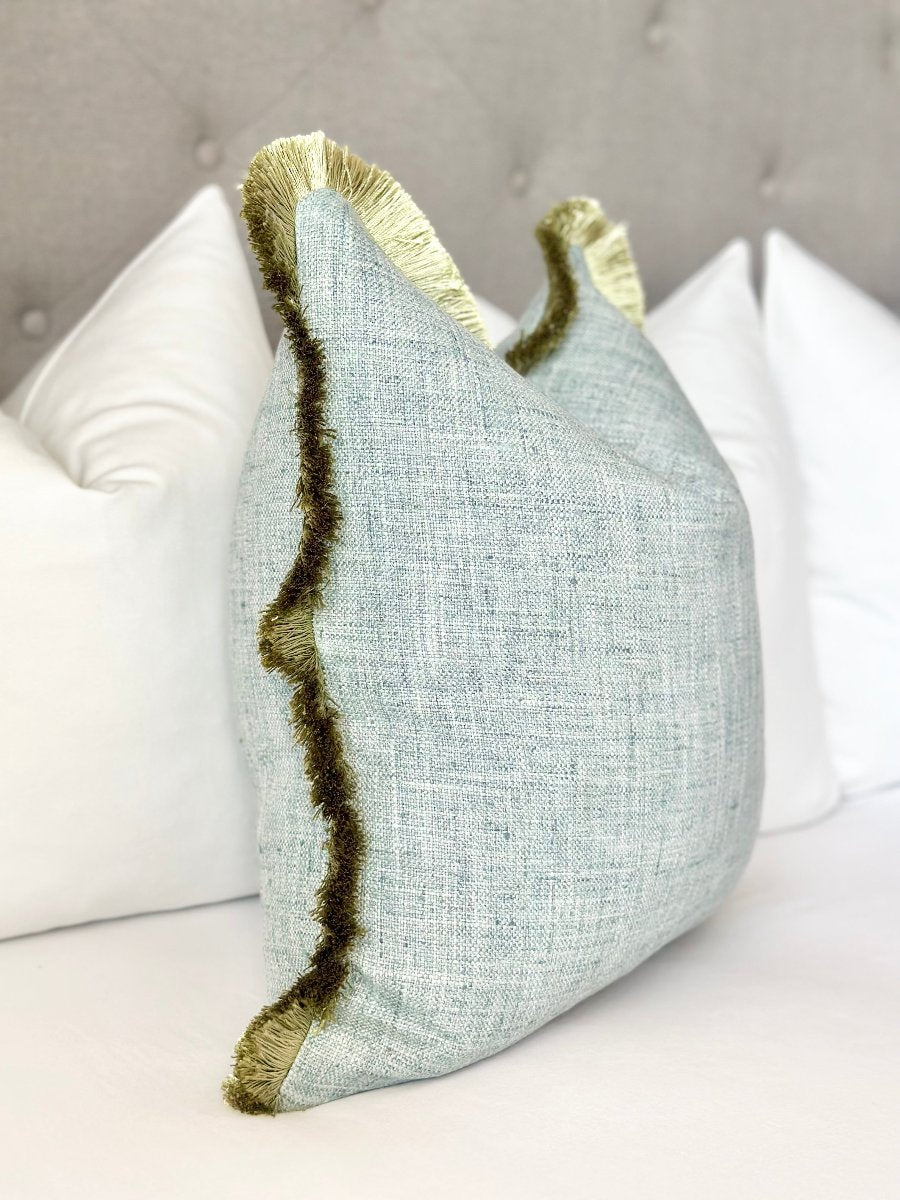 Custom blue linen throw pillow cover with olive green brushed fringe - high-quality designer accent pillow for home decor