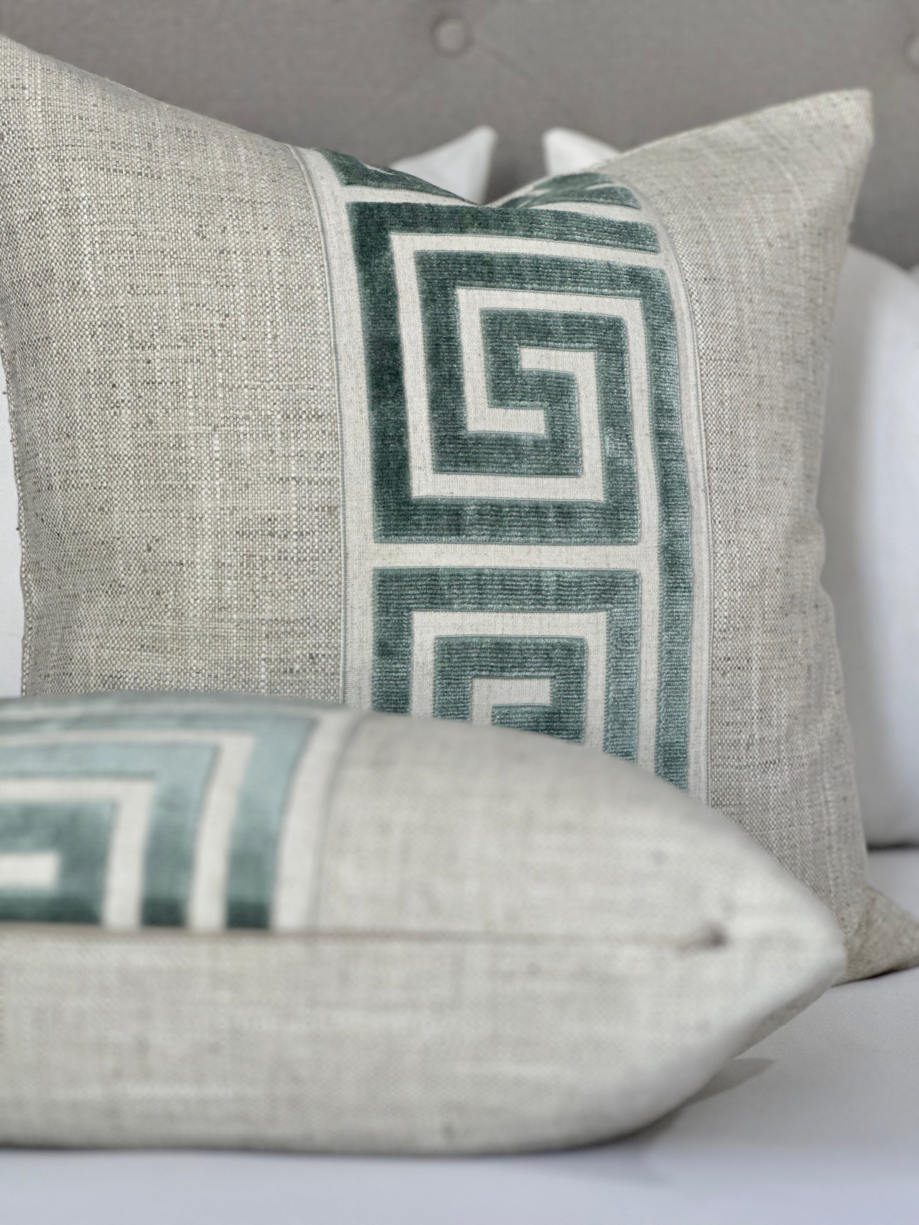 Neutral pillow cover Greek Key detail