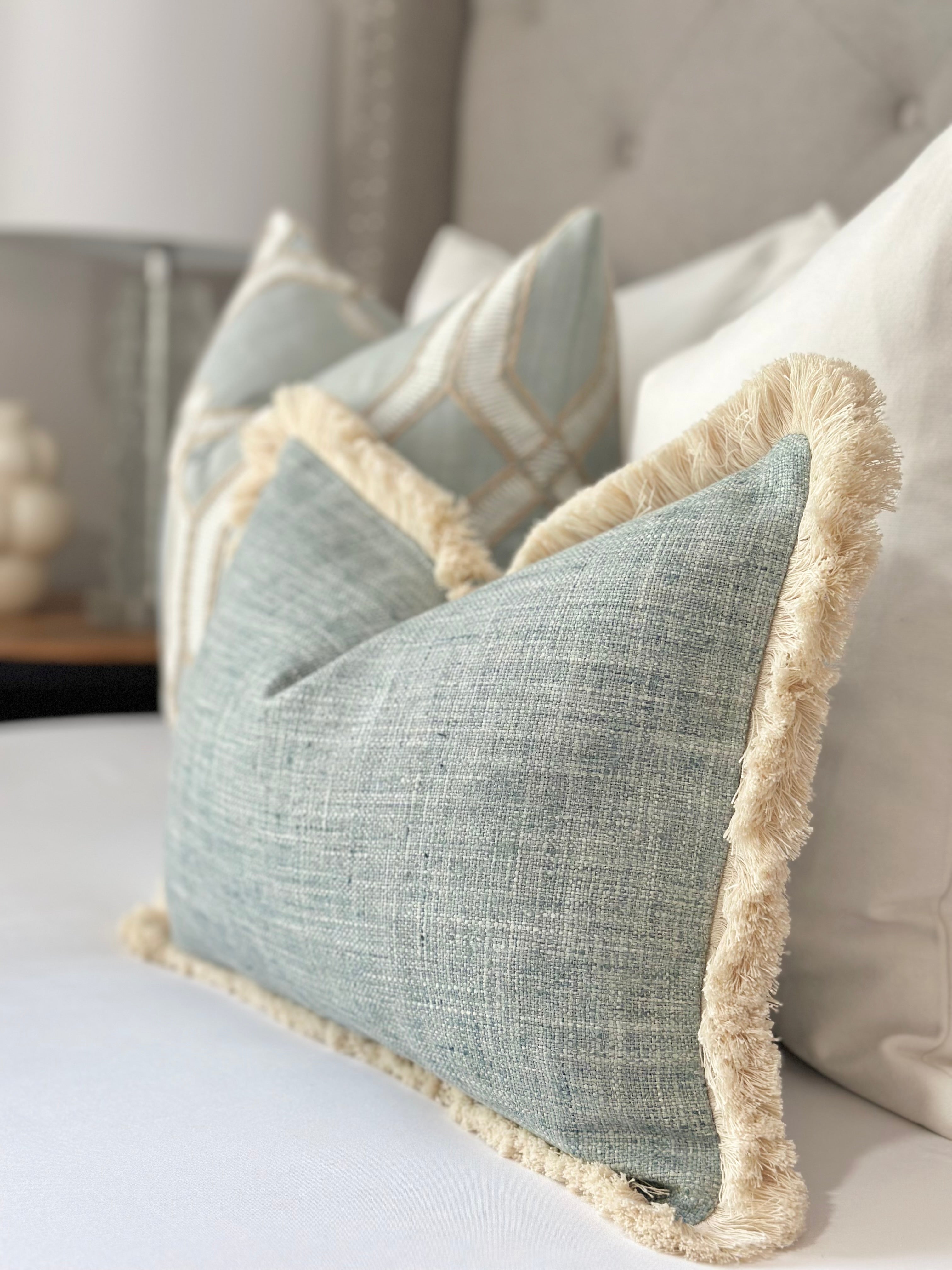 Mist blue pillow cover | beige brushed fringe detail