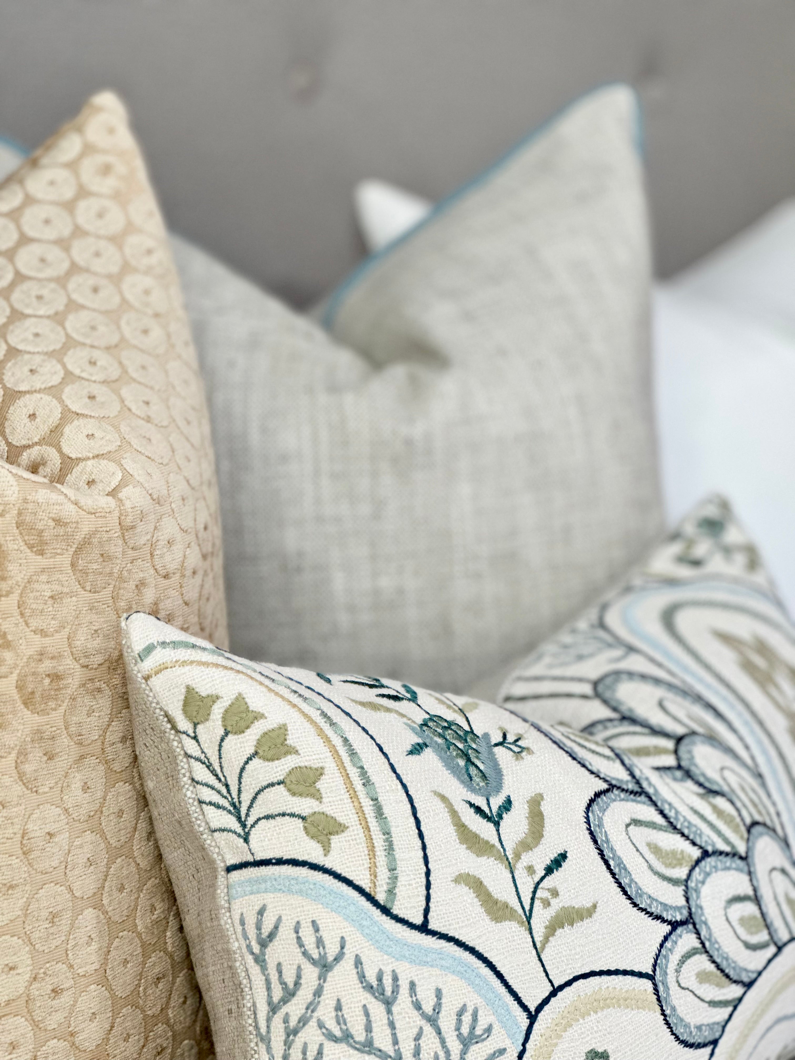 Floral embroidery accent pillow cover in seaglass