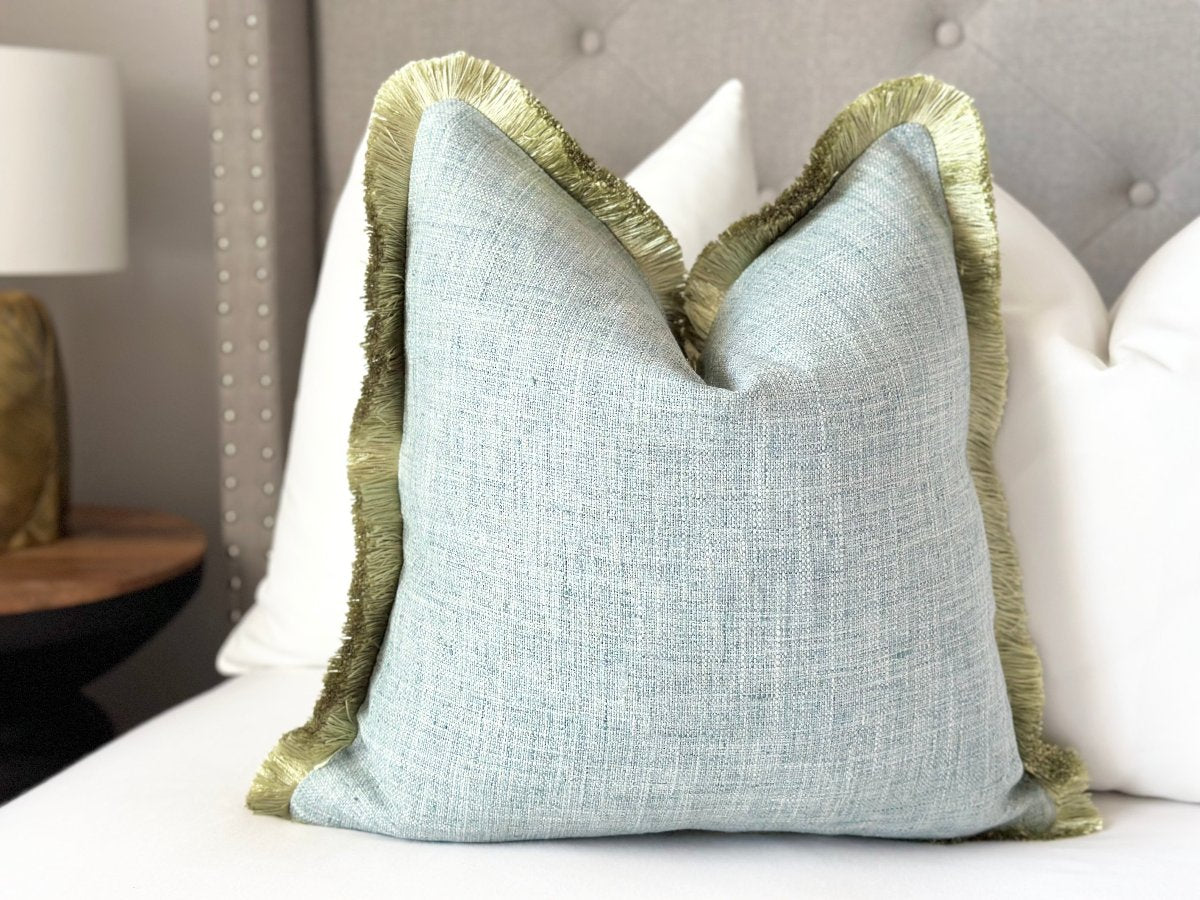 Elegant blue linen throw pillow with olive green brushed fringe - custom designer pillow cover for stylish home decor