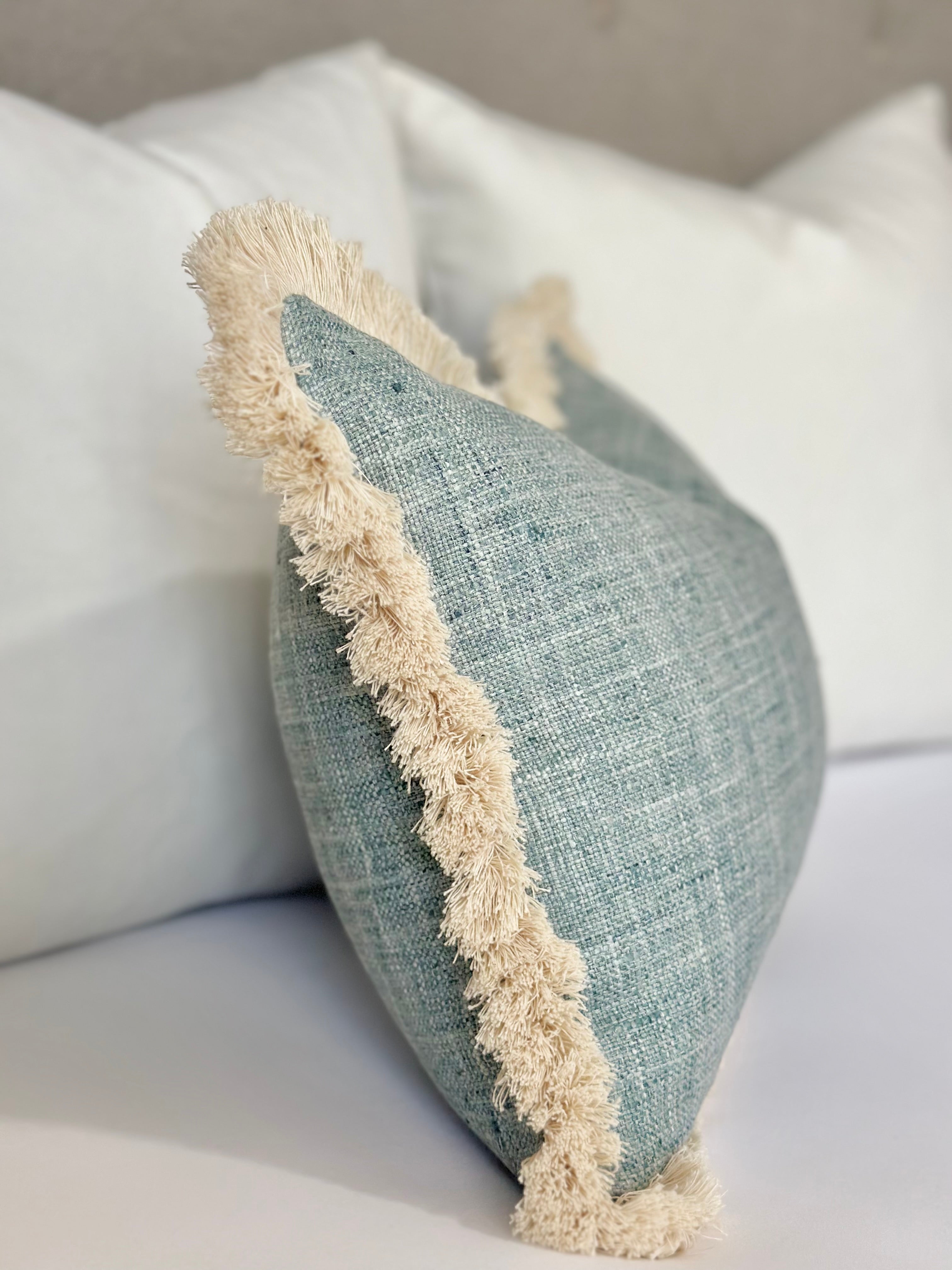 Mist blue pillow cover | beige brushed fringe detail