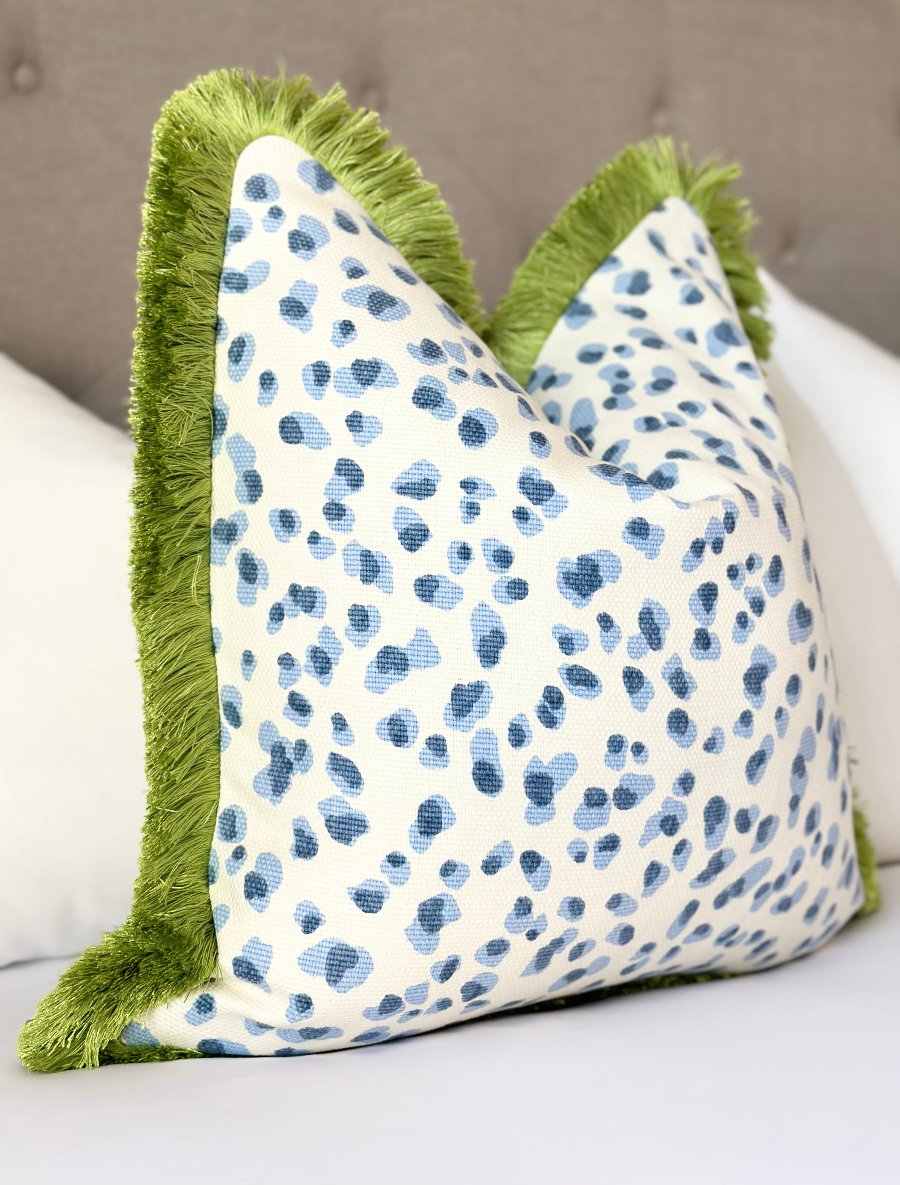 Luxurious blue leopard print pillow with green fringe - made-to-order accent pillow in high-quality designer fabric