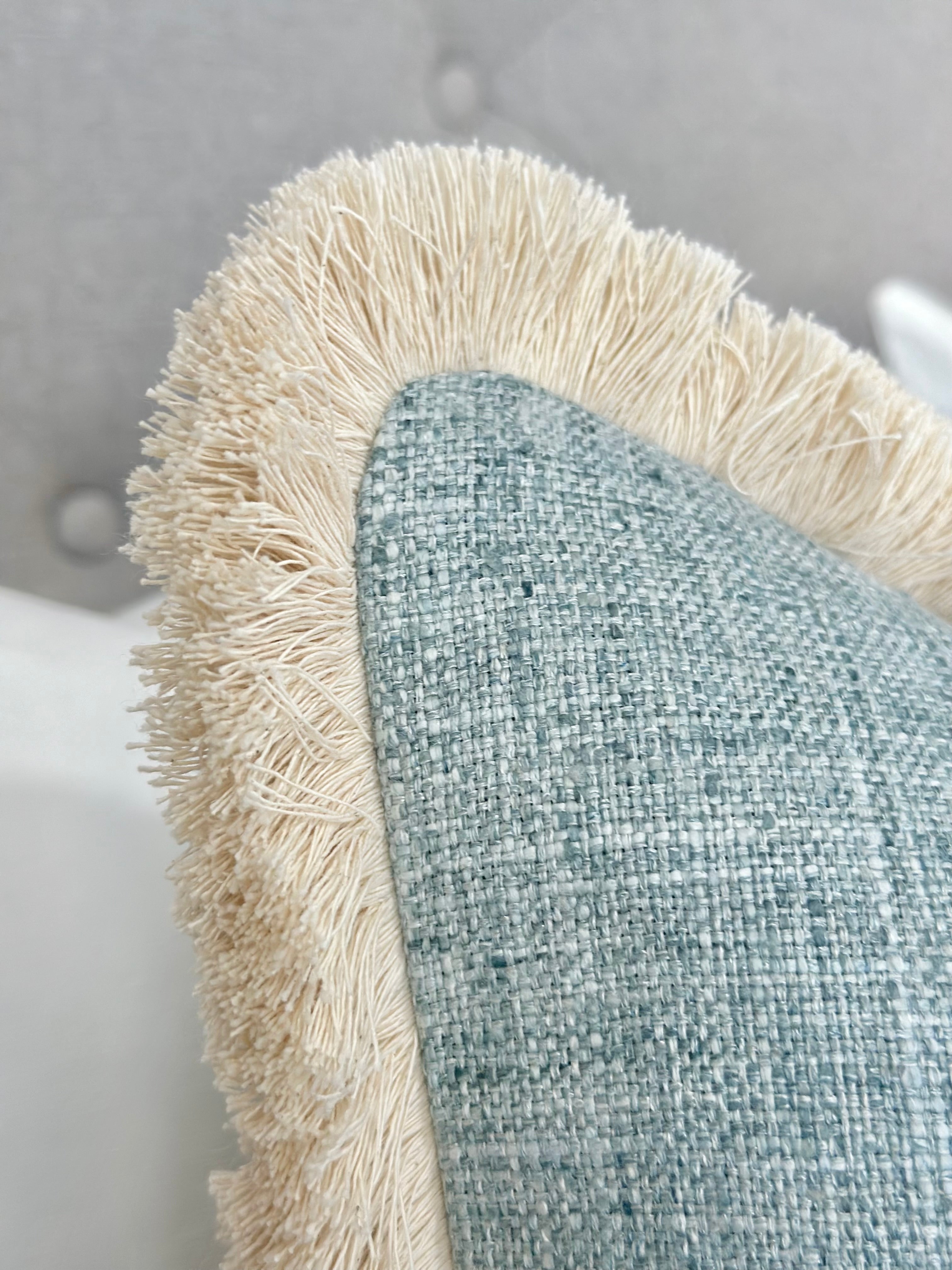 Mist blue pillow cover | beige brushed fringe detail