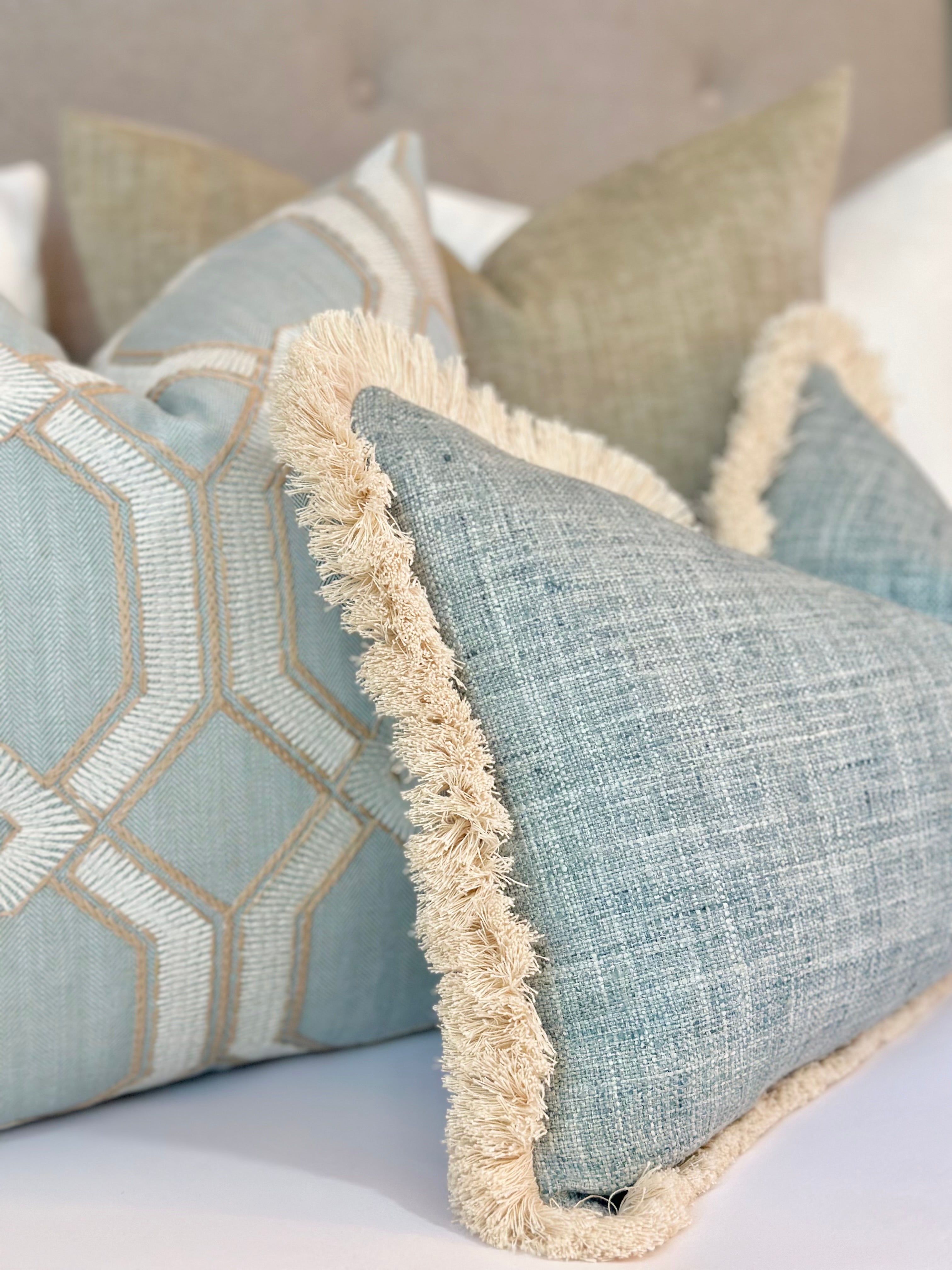 Mist blue pillow cover | beige brushed fringe detail