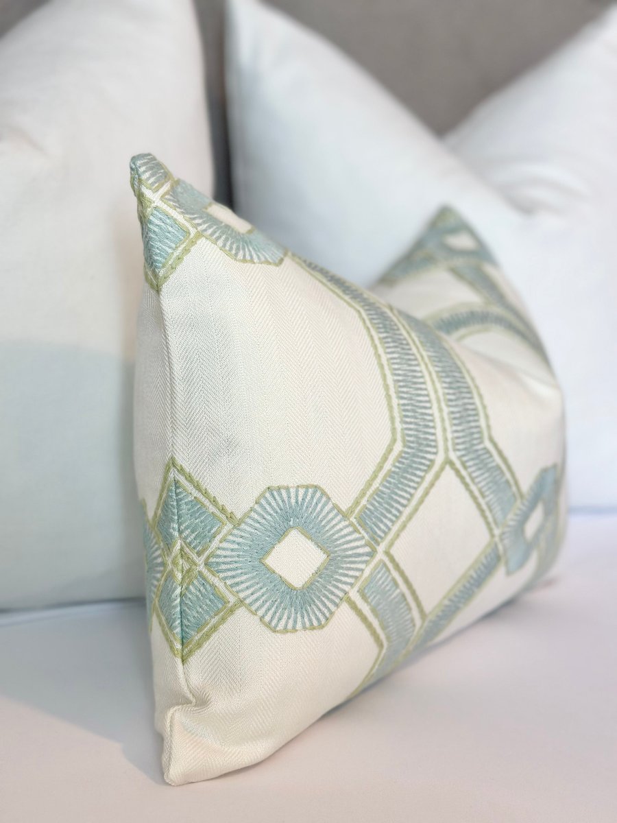 Elegant custom pillow with luxurious silky fabric and embroidered seaglass detail - unique throw pillow design