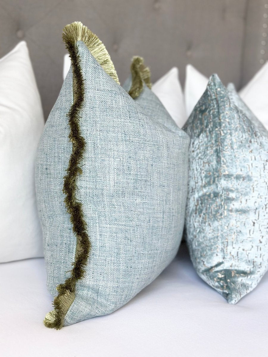 Made-to-order blue linen pillow with olive green brushed fringe detail - elegant throw pillow cover for modern interiors