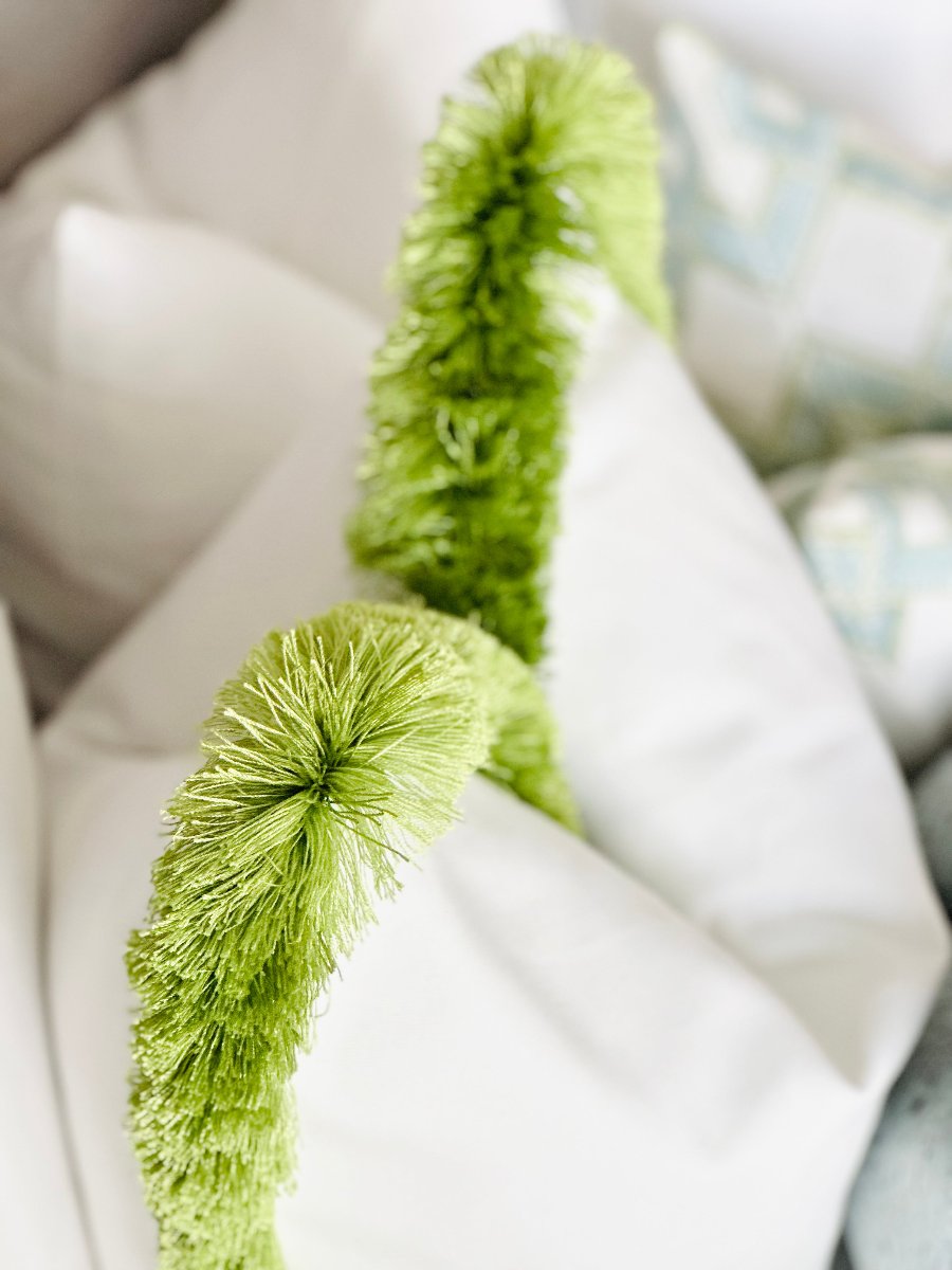 Schumacher white cotton pillow apple green fringe