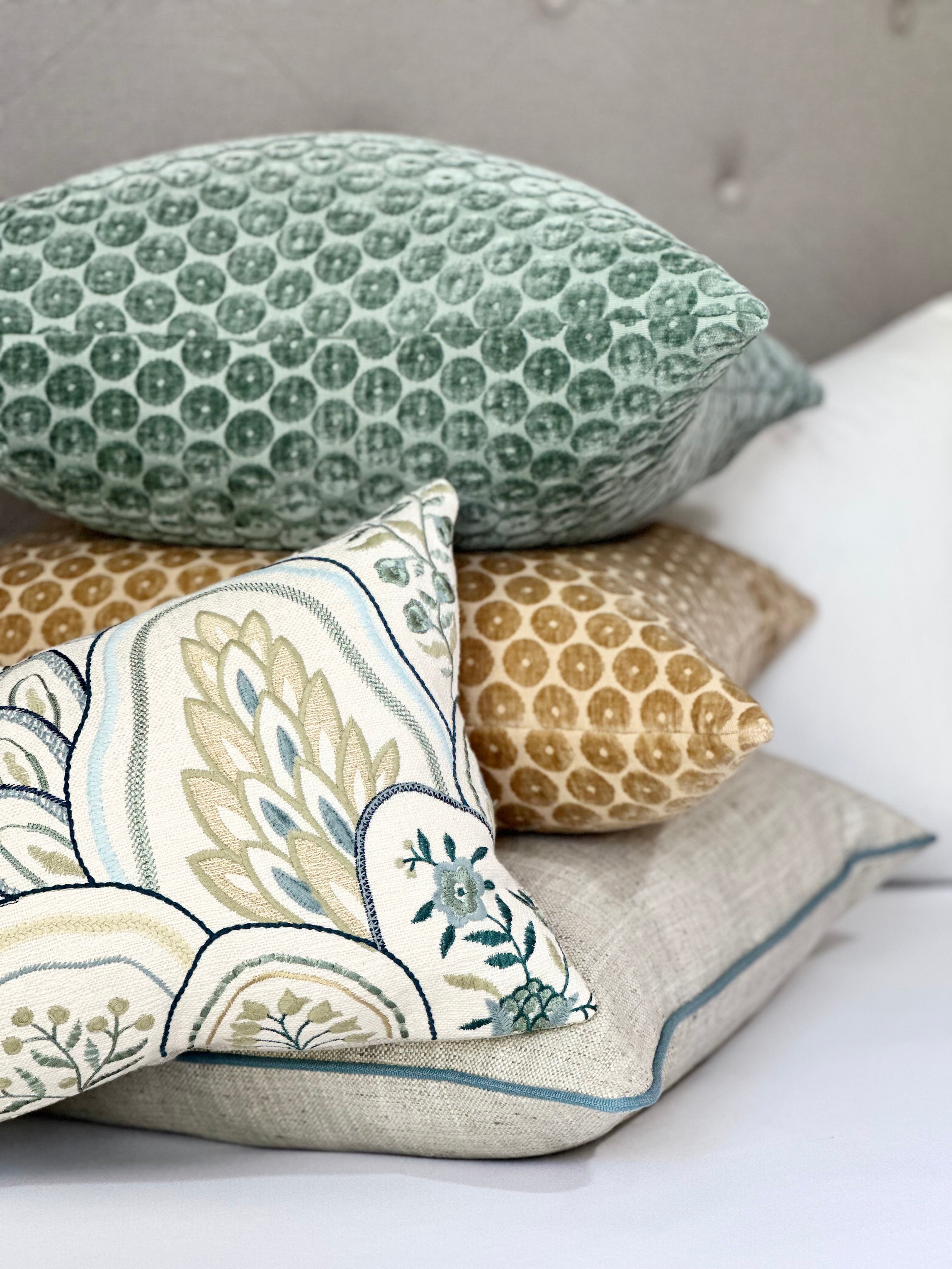 Floral embroidery accent pillow cover in seaglass