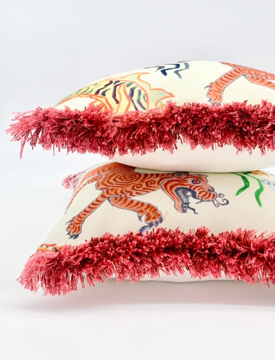 Himalaya Tibetan Tiger throw pillow cover with pink brushed fringe detail , designer pillows , Chinoiserie style home dec