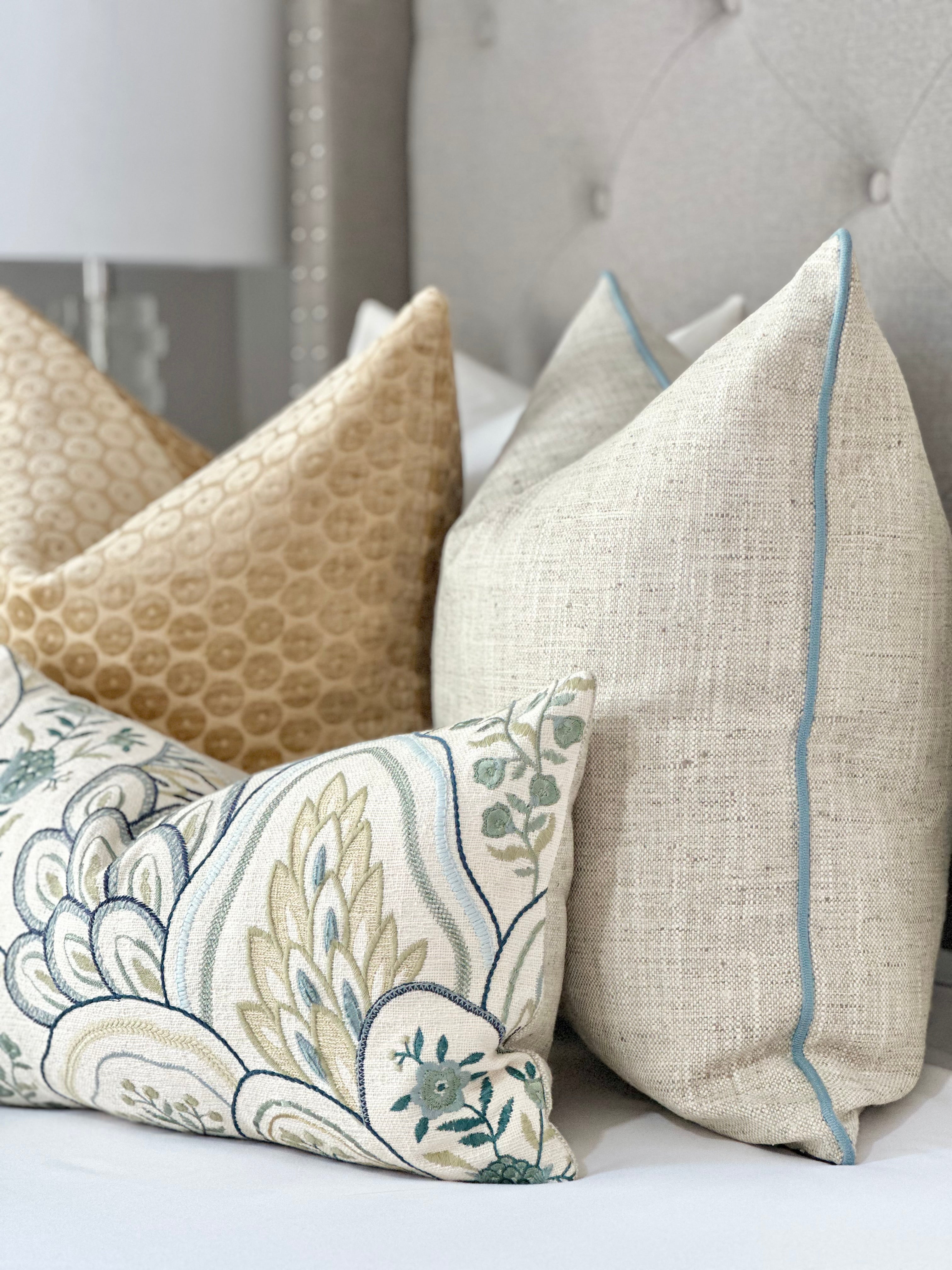 Floral embroidery accent pillow cover in seaglass