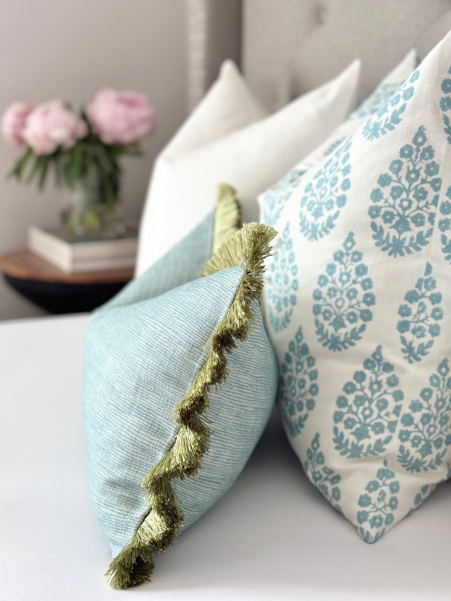 Seaglass Laguna Throw Pillow Cover / green fringe detail