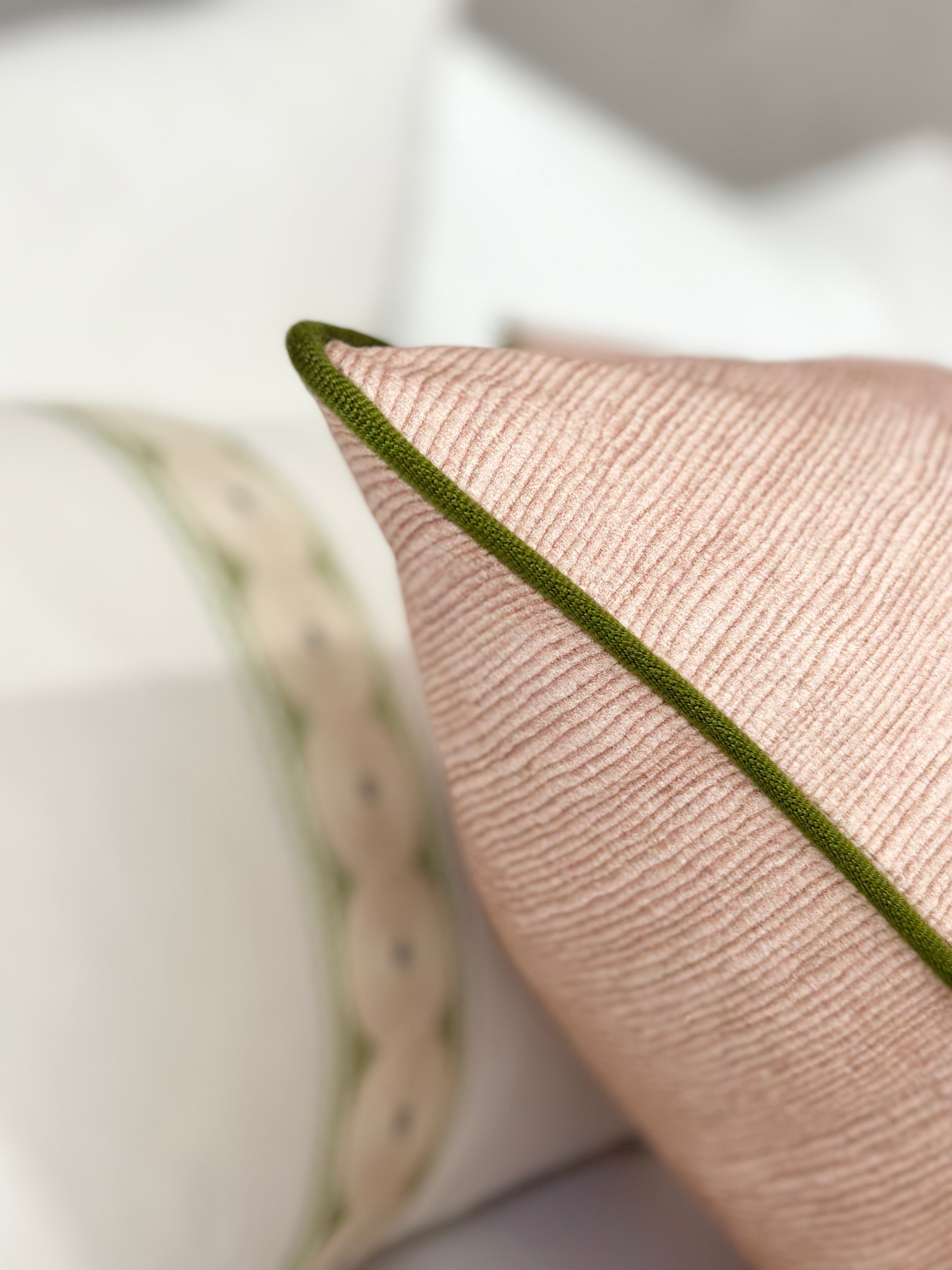 Blush Accent Pillow Cover With Green Trim Detail