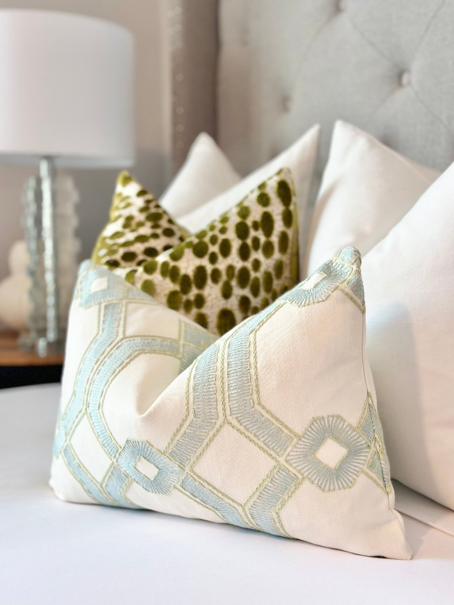 Made-to-order custom pillow with luxurious silky texture and seaglass-colored embroidery - designer fabric throw pillow