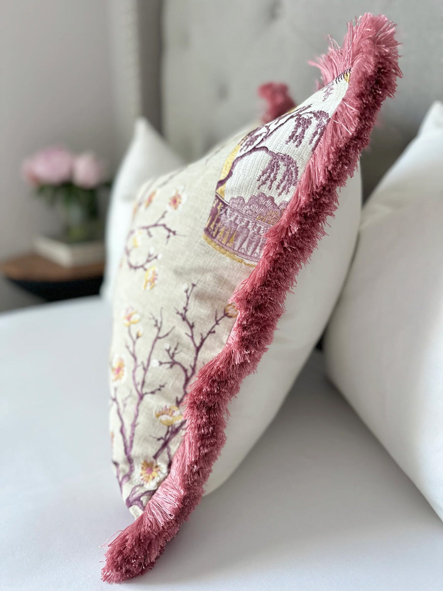 Floral Embroidered Pillow Cover Chinoiserie Style