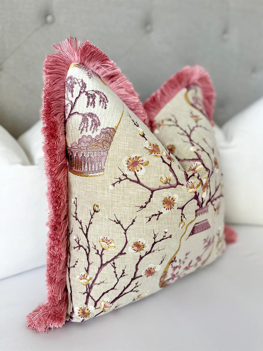 Floral Embroidered Pillow Cover Chinoiserie Style