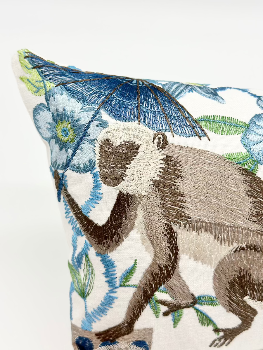 Embroidered monkey floral pillow