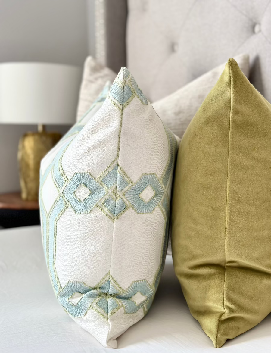 Luxurious pillow with seaglass-colored embroidery and silky fabric - custom-made throw pillow with designer detail