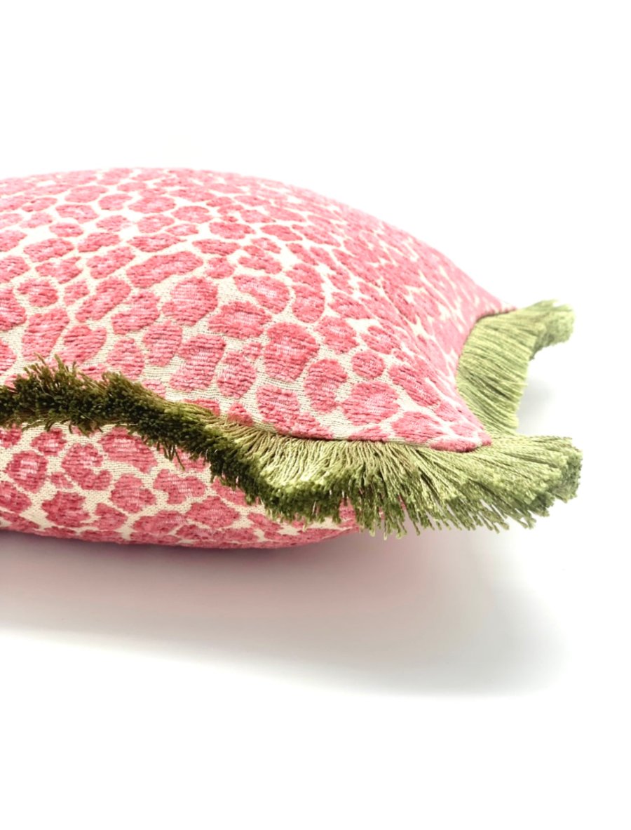 Custom pink cheetah throw pillow cover with olive green fringe detail - made-to-order accent pillow in soft, luxury designer fabric featuring chinoiserie 